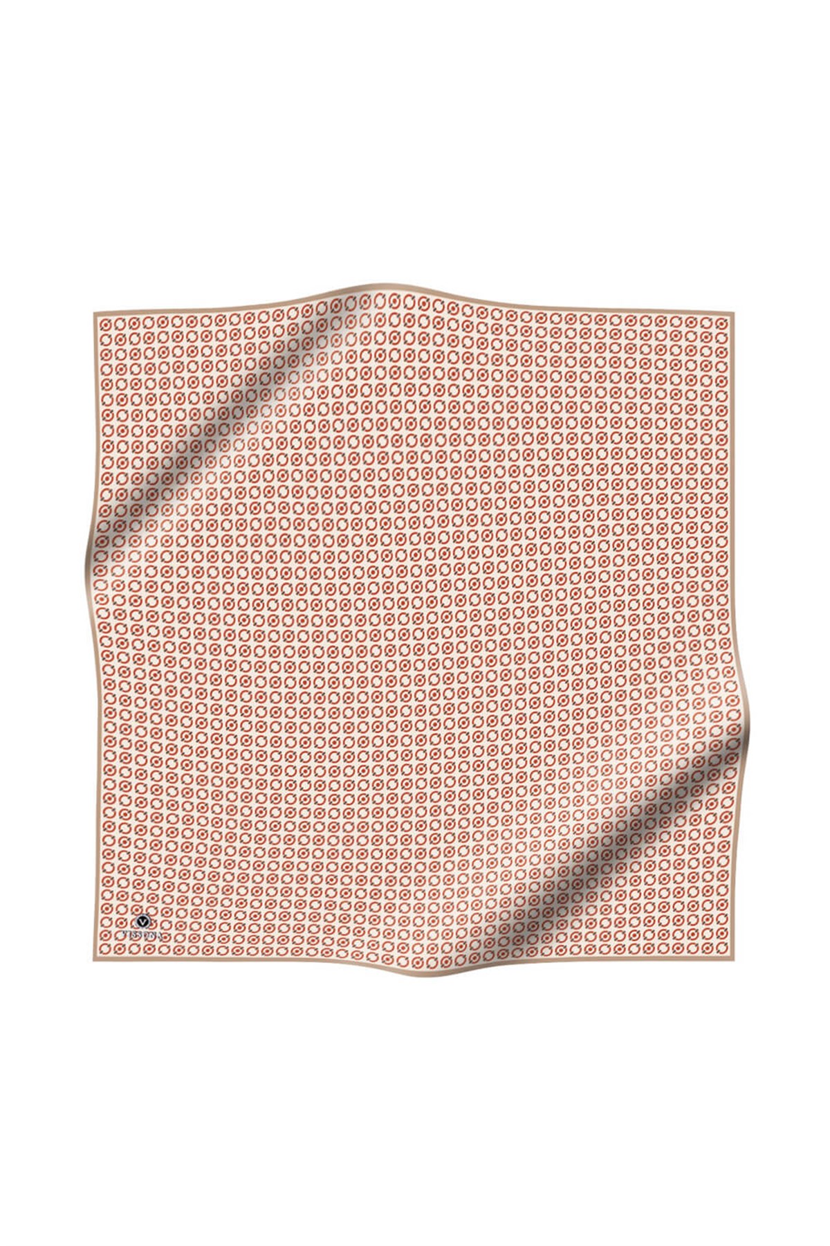 %100 Twill İpek Zincir Desenli Krem - Bakır Renkli 90x90 Eşarp Kenar Dikiş Şekli El Dikişli