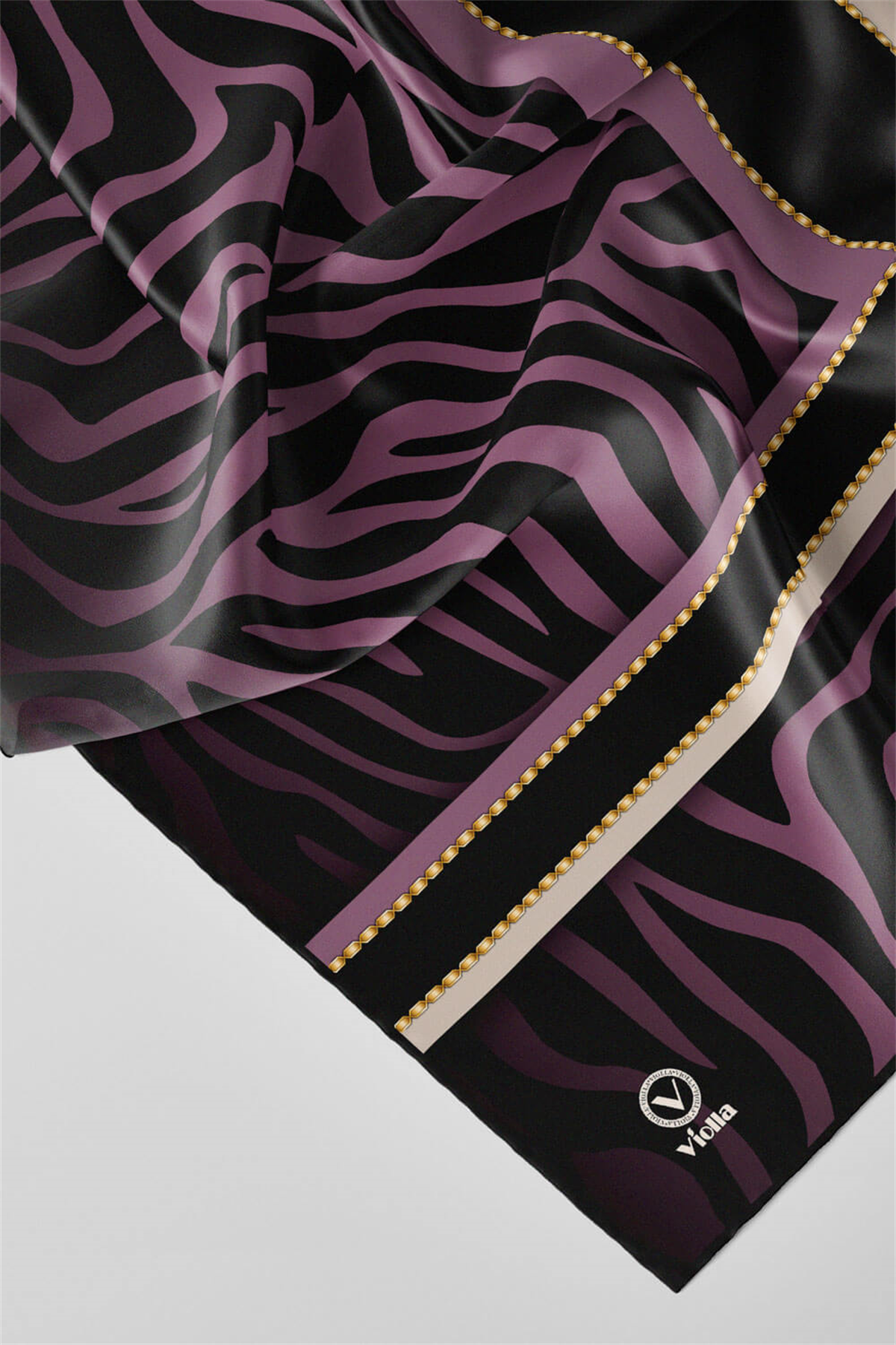 Twill Zebra Desenli Siyah - Lila Renkli 90x90 Eşarp (İpek İçermez) Dikim Şekli : El Dikişi