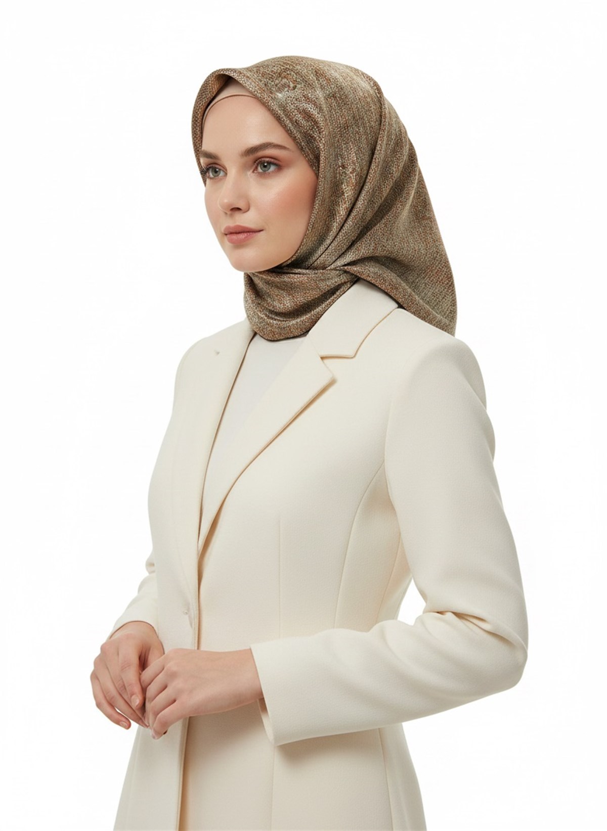 %100 Twill İpek Dokulu Desen Kahverengi - Fıstık Yeşili Renkli 90x90 Eşarp Kenar Dikiş Şekli El Dikişli