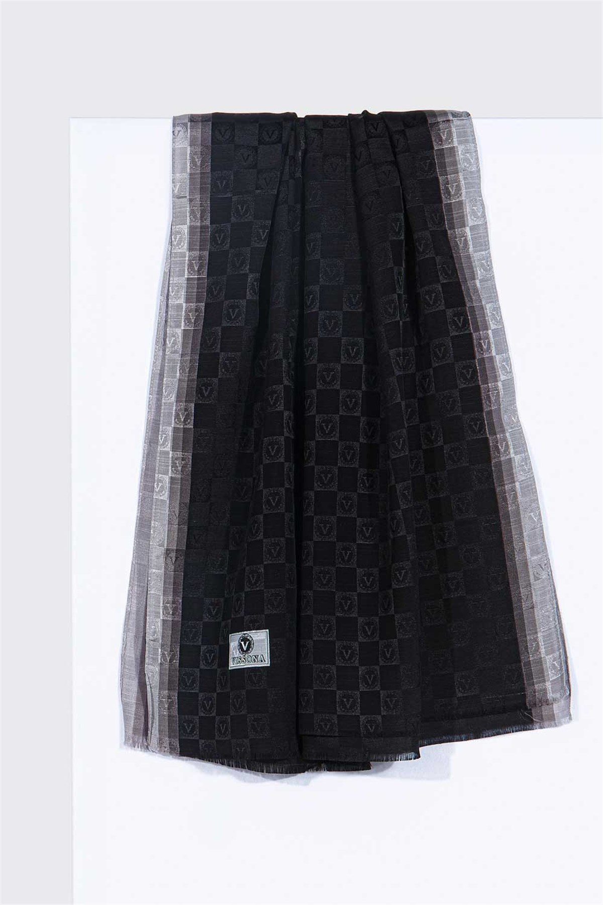 %57 İpek %43 Pamuk Monogram Dokumalı Siyah-Gri Renkli 70X190 Yumuşak Dökümlü Şal