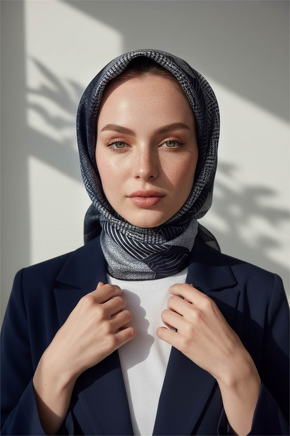 %100 Twill İpek Dokulu ve Geometrik Desenli Lacivert - Krem Renkli 90x90 Eşarp Dikim Şekli : El Dikişi