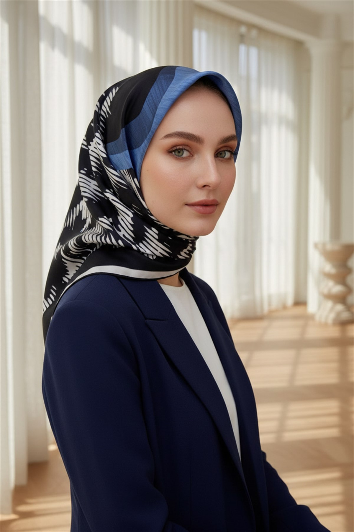 %100 Twill İpek Kazayağı Desenli İndigo - Lacivert Renkli 90x90 Eşarp Kenar Dikiş Şekli El Dikişli