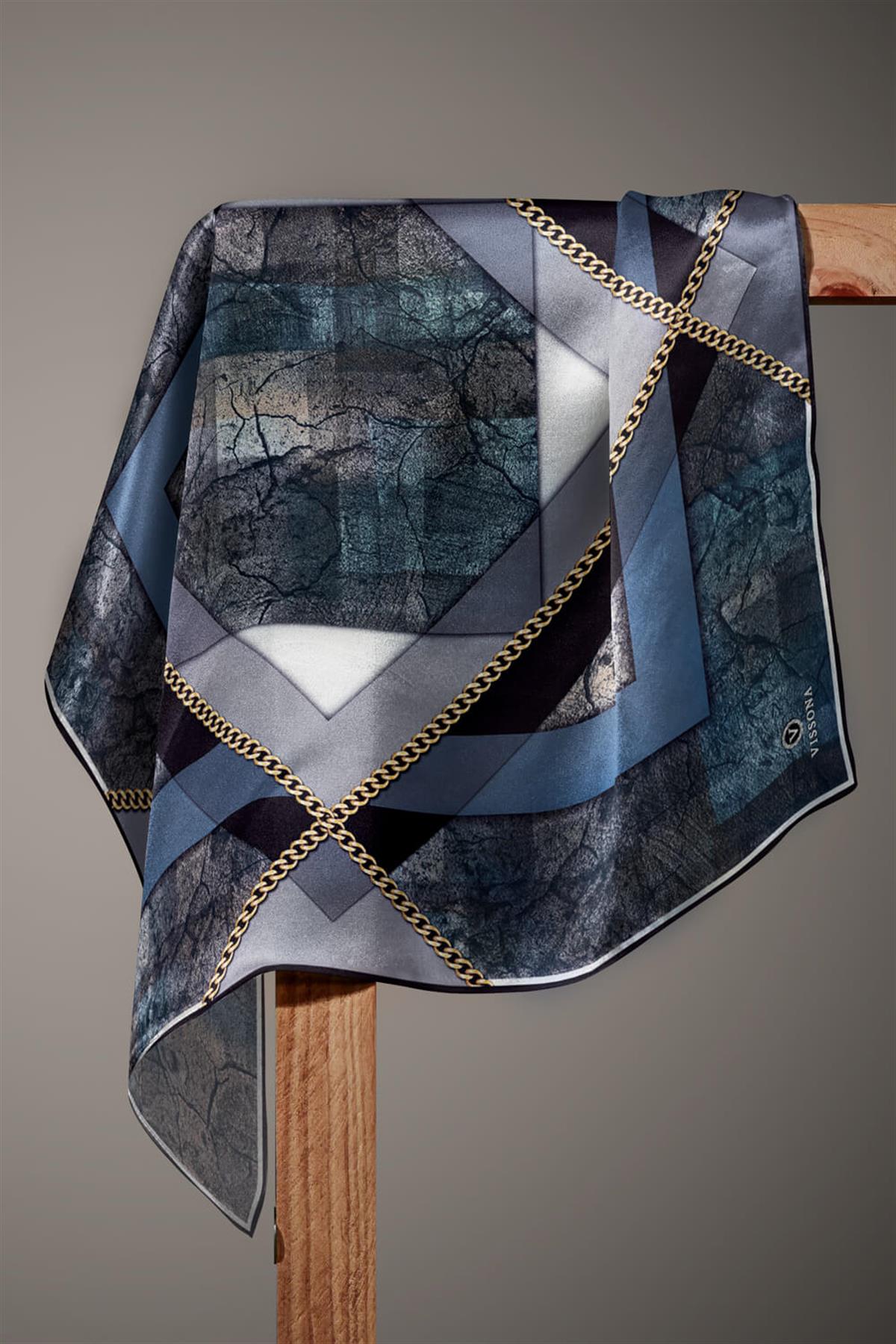 %100 Twill İpek Taş Efekti Desenli İndigo - Siyah Renkli 90x90 Eşarp Dikim Şekli : El Dikişi