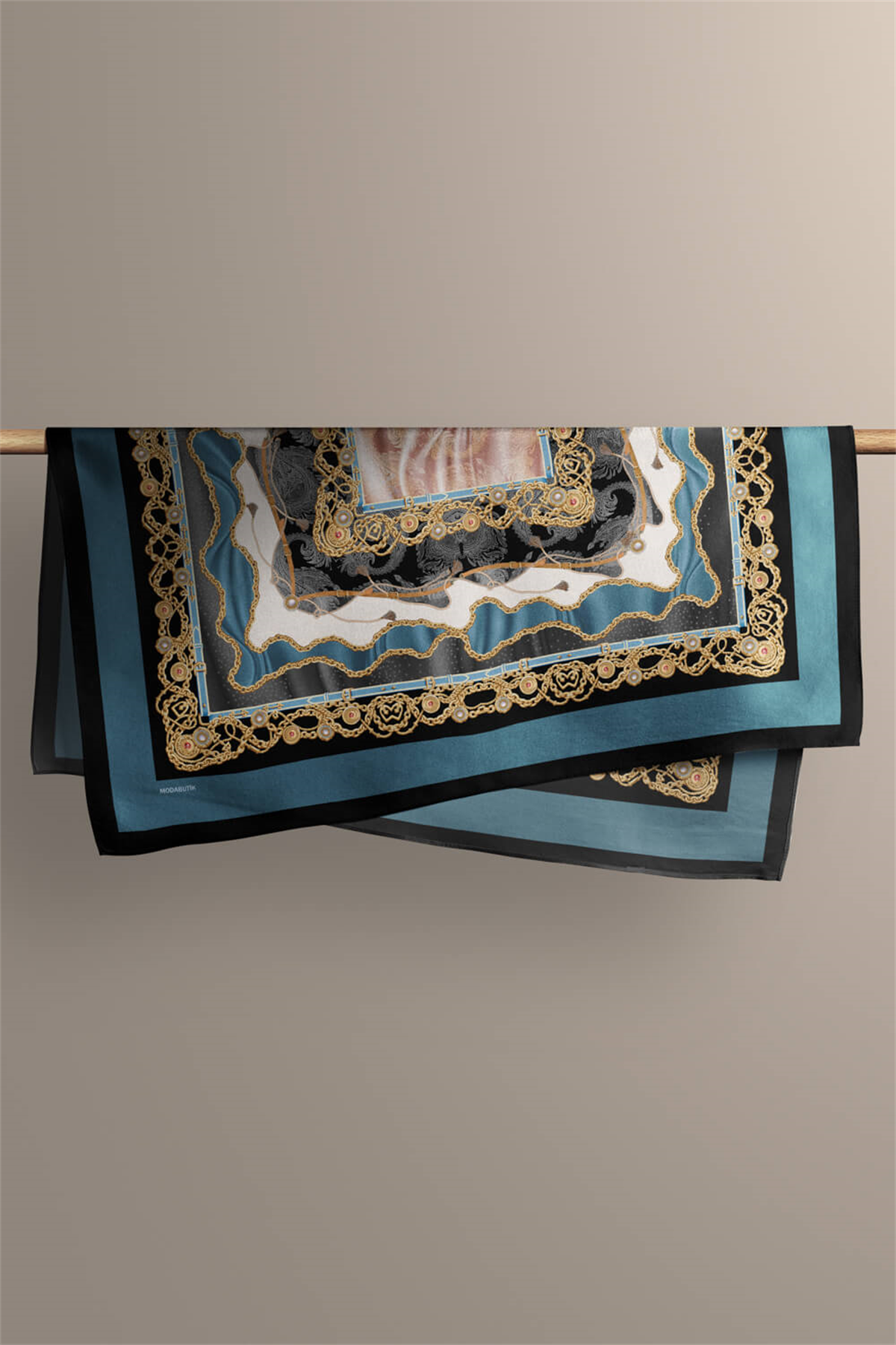 D117 Kadın Zincir  Desenli Bandana 50x50 Mavi DG0222-22 Snz