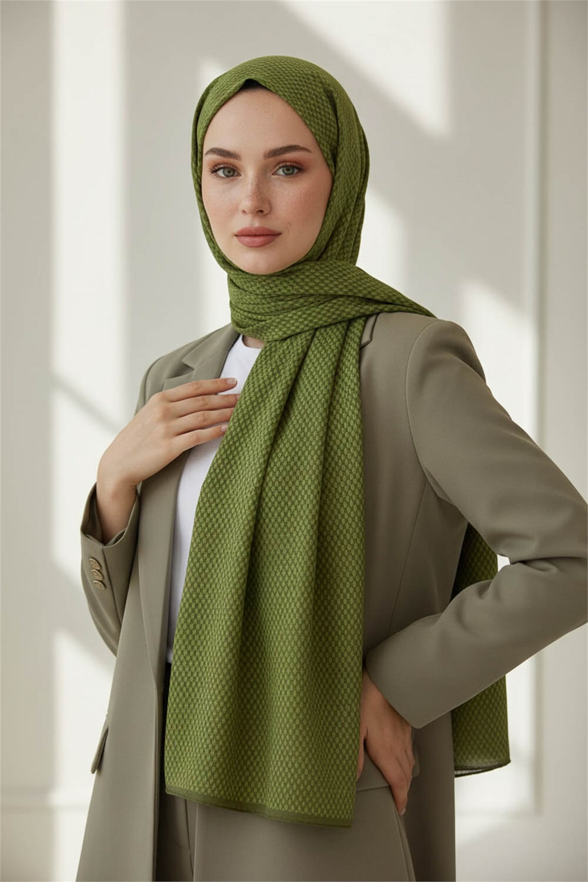 KREP HASIR DESENLİ HAKİ RENKLİ 75X195 KIRIŞMAZ ŞAL