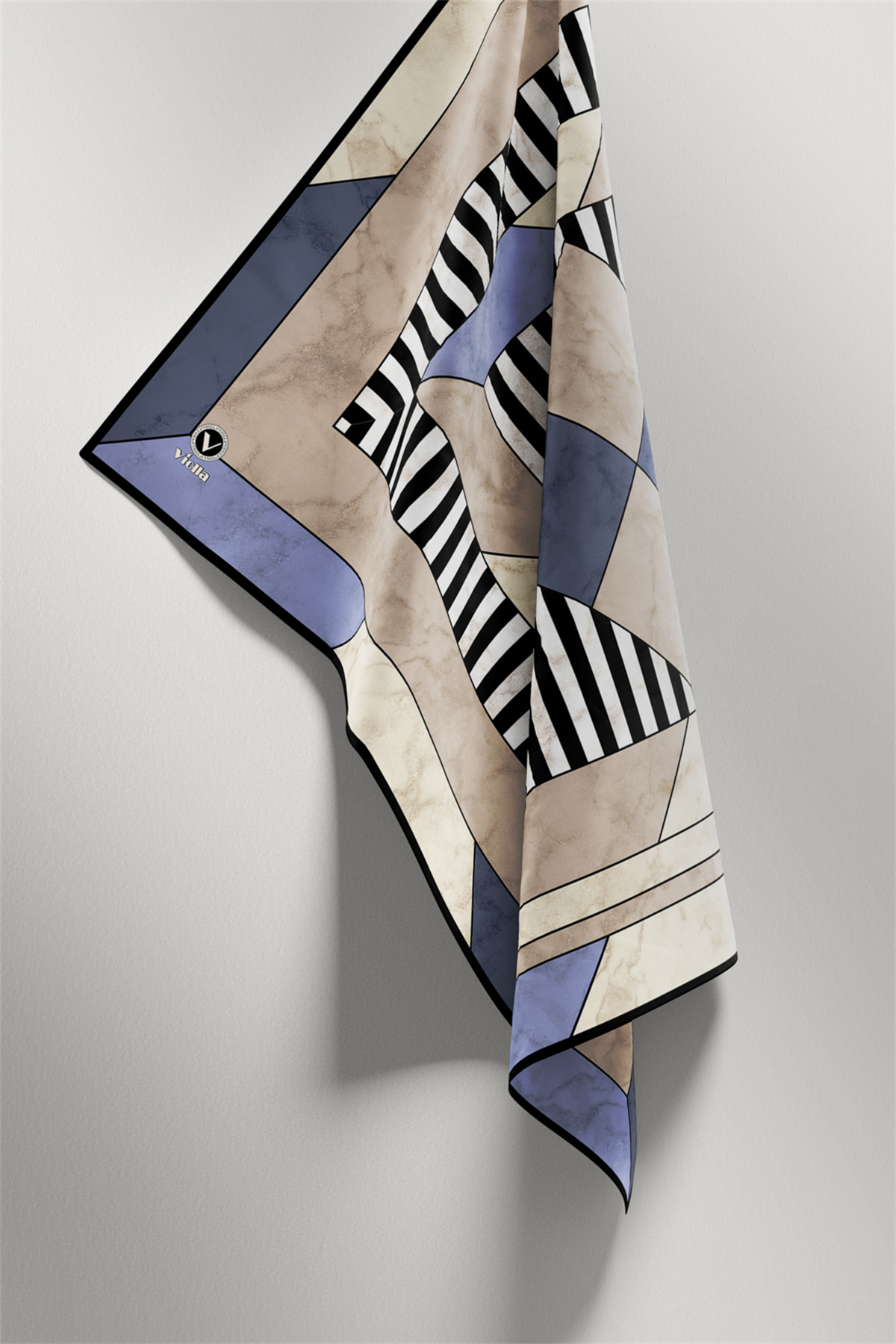 Twill Çizgili Geometrik Mermer Desenli İndigo Renkli 90x90 Eşarp (İpek İçermez) Kenar Dikiş Şekli El Dikişli