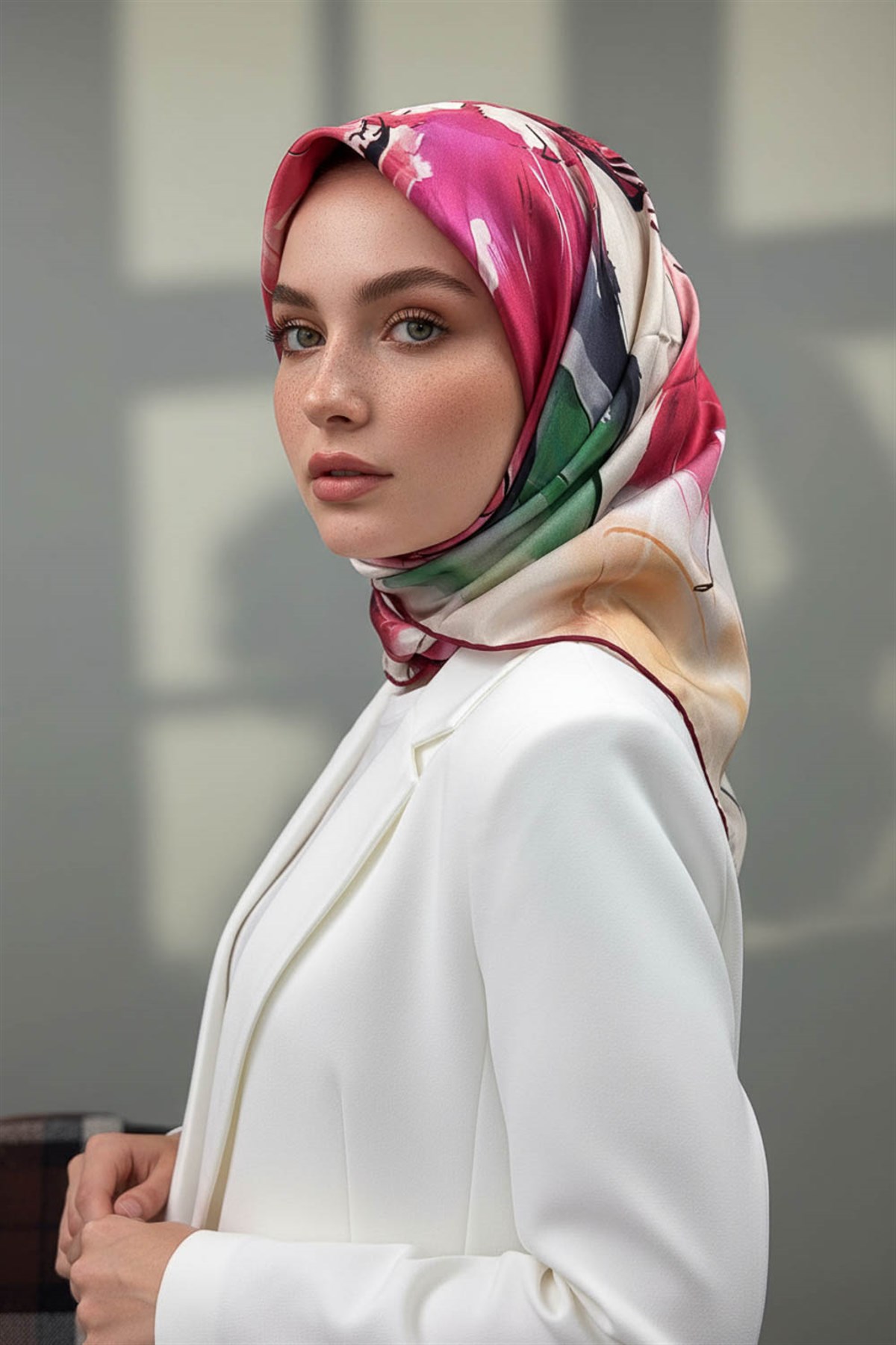 %100 Twill İpek Sulu Boya Çiçek Desenli Kırmızı - Fuşya Renkli 90x90 Eşarp Dikim Şekli : El Dikişi