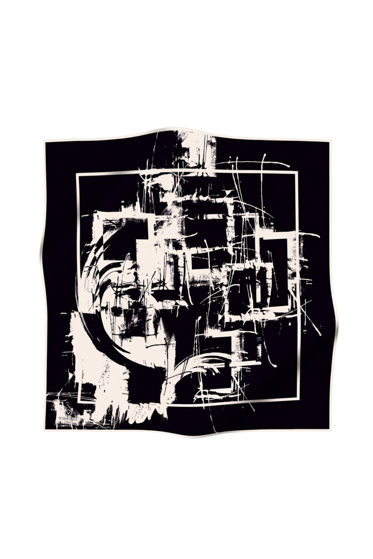 % 57 İPEK % 43 VİSKON Twill İpek Geometrik Desenli Siyah - Krem Renkli 90x90 Eşarp Dikim Şekli : El Dikişi