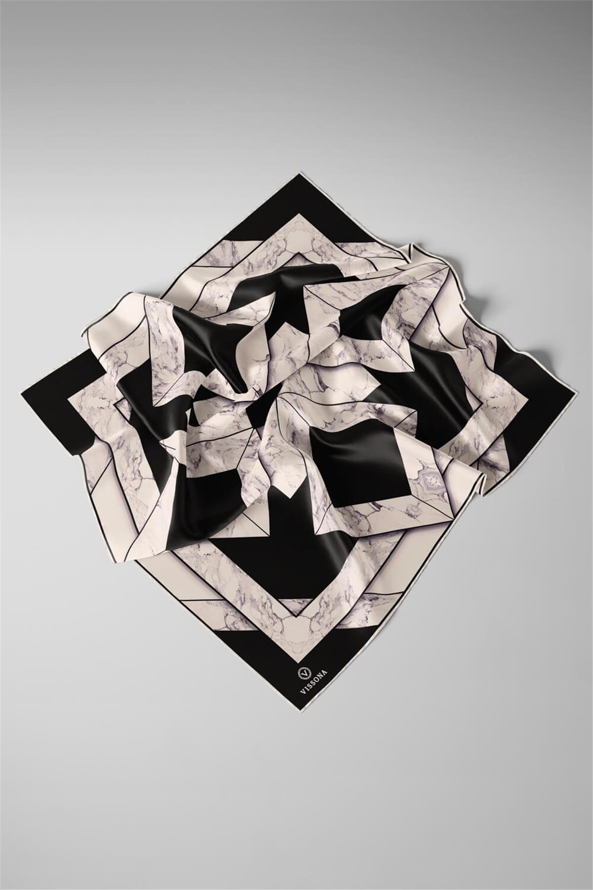 %100 Twill İpek Mermer Desenli Siyah - Krem Renkli 90x90 Eşarp Dikim Şekli : El Dikişi