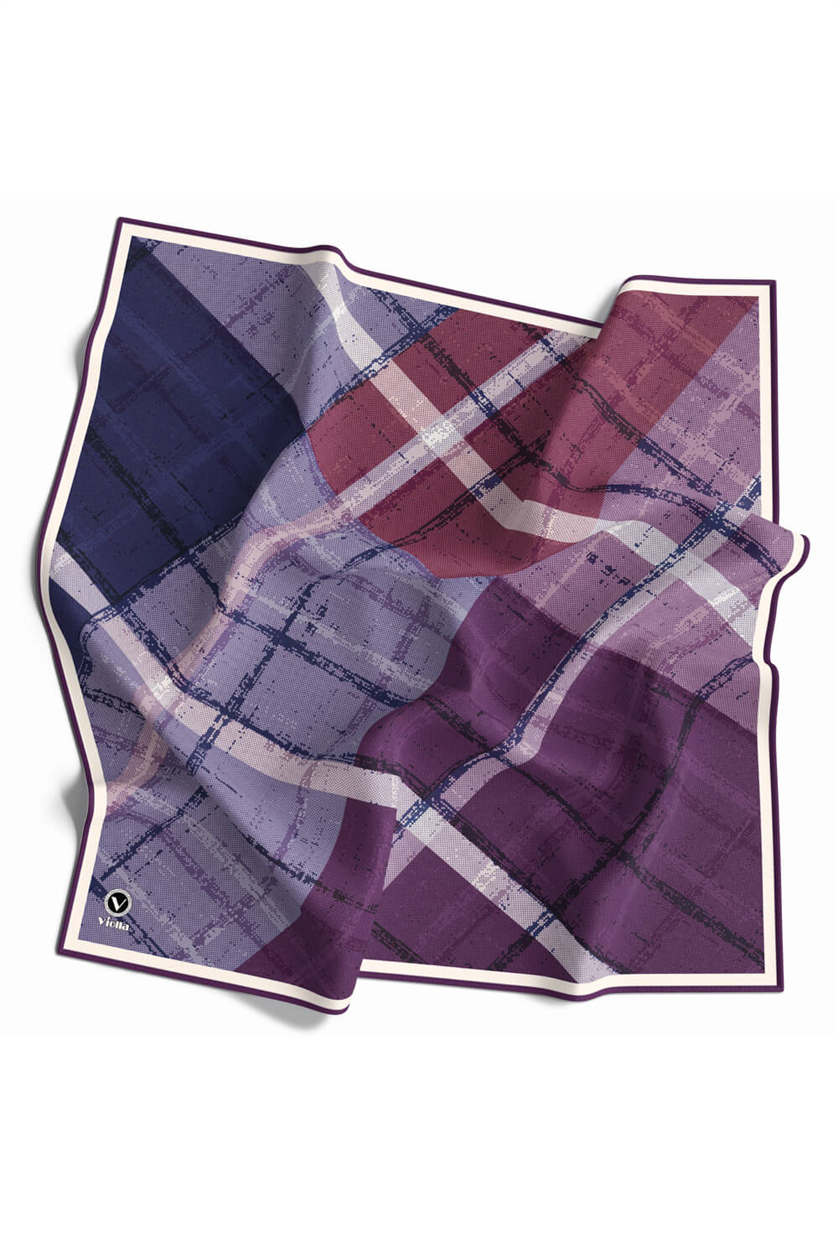 Twill Eskitme Desenli Mor Renkli 90x90 Eşarp (İpek İçermez) Kenar Dikiş Şekli El Dikişli