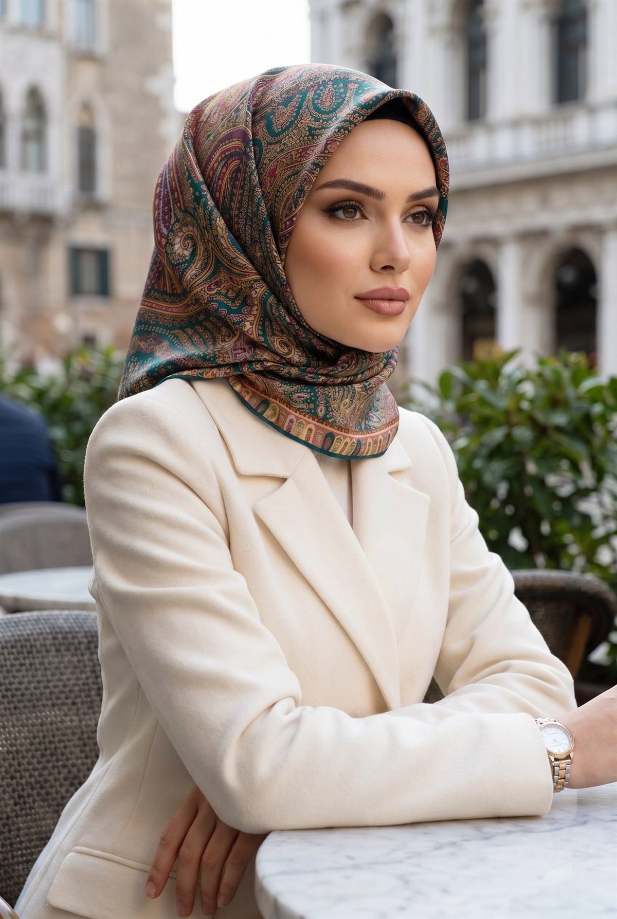 %100 Twill İpek Etro Desenli Petrol Mavisi Renkli 90x90 Eşarp Dikim Şekli : El Dikişi