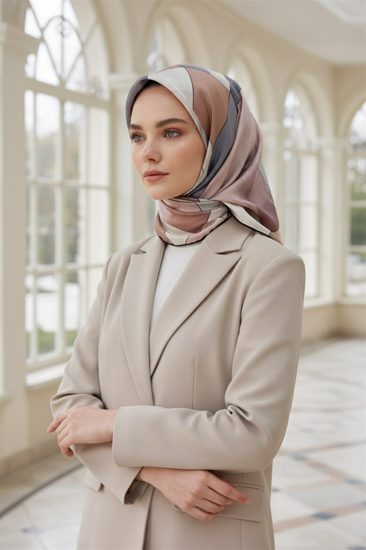 %100 Twill İpek Geometrik Desenli Pudra - Gri Renkli 90x90 Eşarp Dikim Şekli : El Dikişi