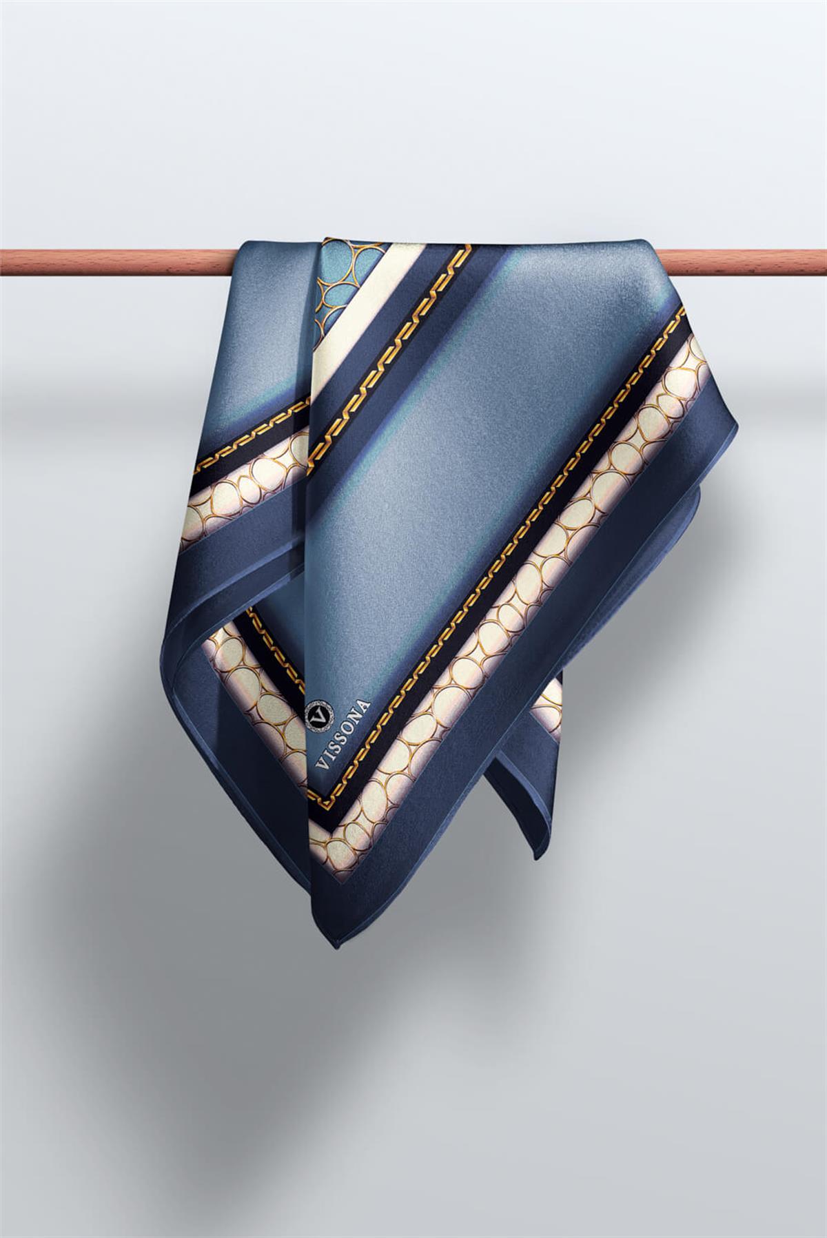 %100 Twill İpek Gold Halka Desenli İndigo - Lacivert Renkli 90x90 Eşarp Dikim Şekli : El Dikişi