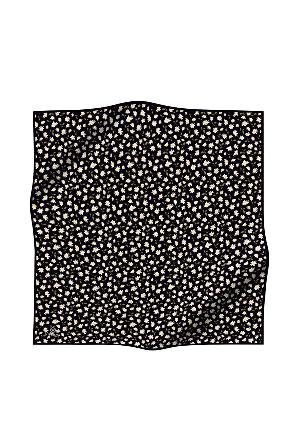 %100 Twill İpek Papatya Desenli Siyah Renkli 90x90 Eşarp Dikim Şekli : El Dikişi