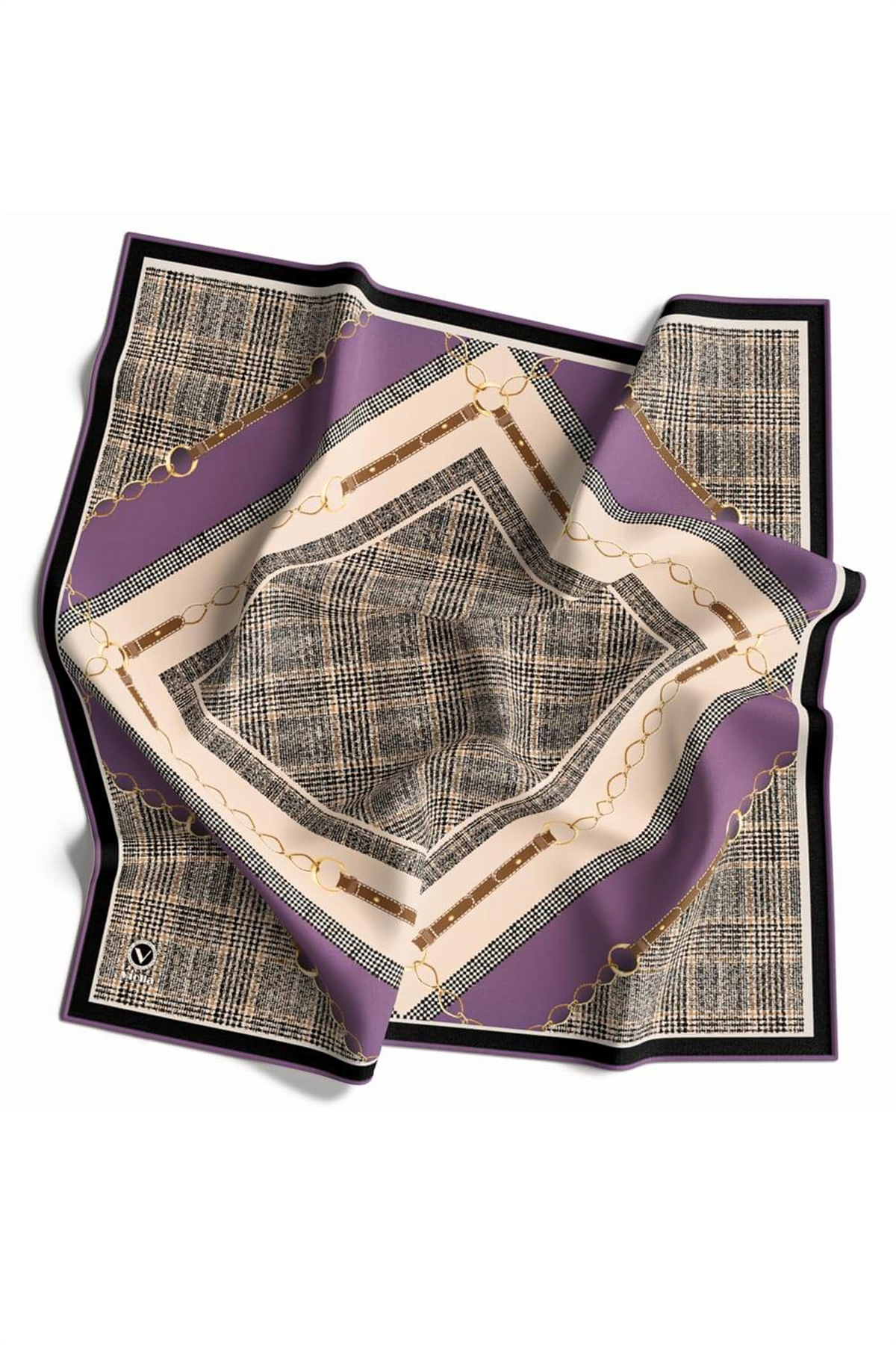 Twill Kemer ve Zincir Detaylı Ekose Desenli Lila Renkli 90x90 Eşarp (İpek İçermez) Kenar Dikiş Şekli El Dikişli
