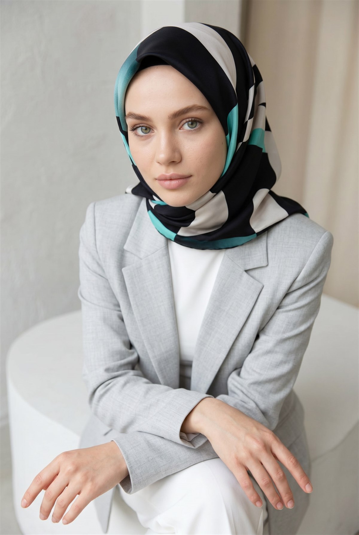%100 Twill İpek Geometrik Desenli Mint Yeşili Renkli 90x90 Eşarp Dikim Şekli : El Dikişi