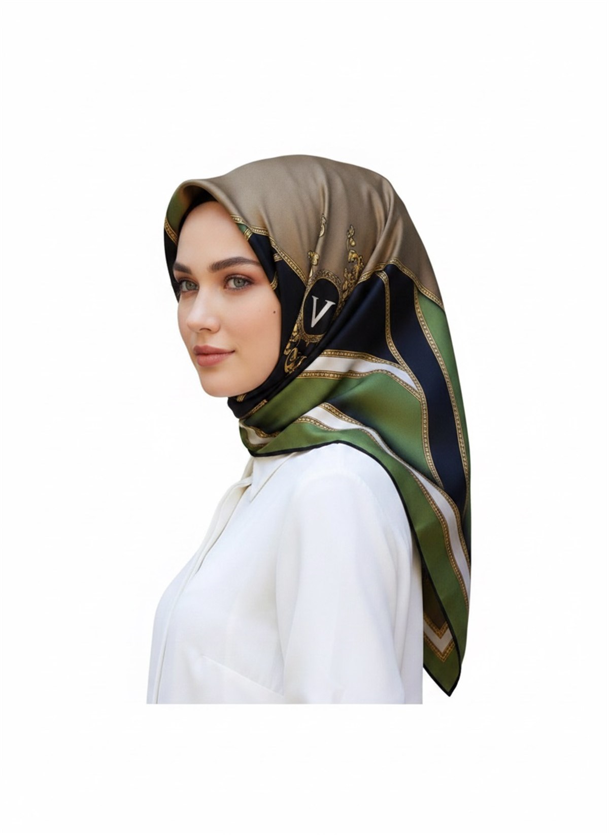 %100 Twill İpek Baroklu Ve Geometrik Desenli Haki - Bej Renkli 90x90 Eşarp Dikim Şekli : El Dikişi