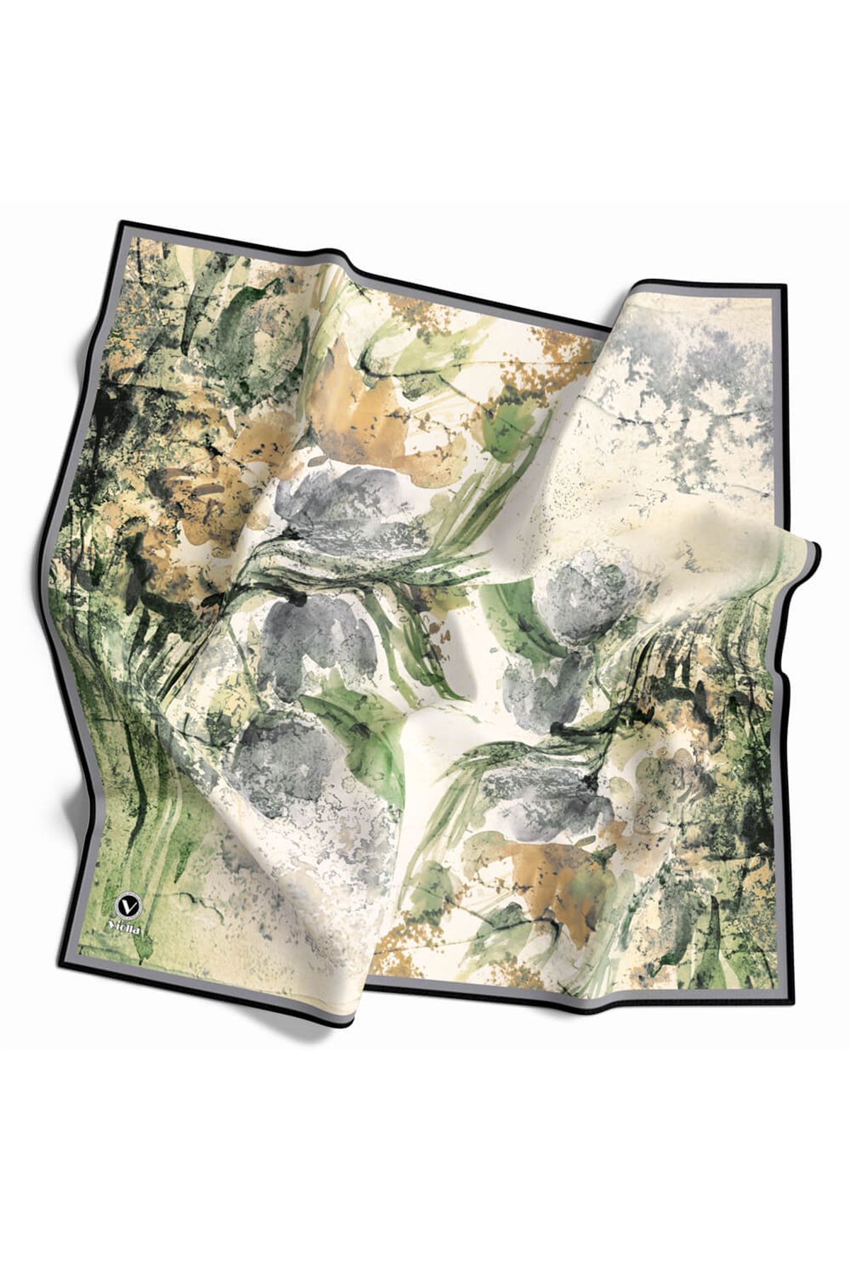 Rayon Sulu Boyalı Çiçek Desenli Gri Renkli 90x90 Eşarp (İpek İçermez) Kenar Dikiş Şekli El Dikişli