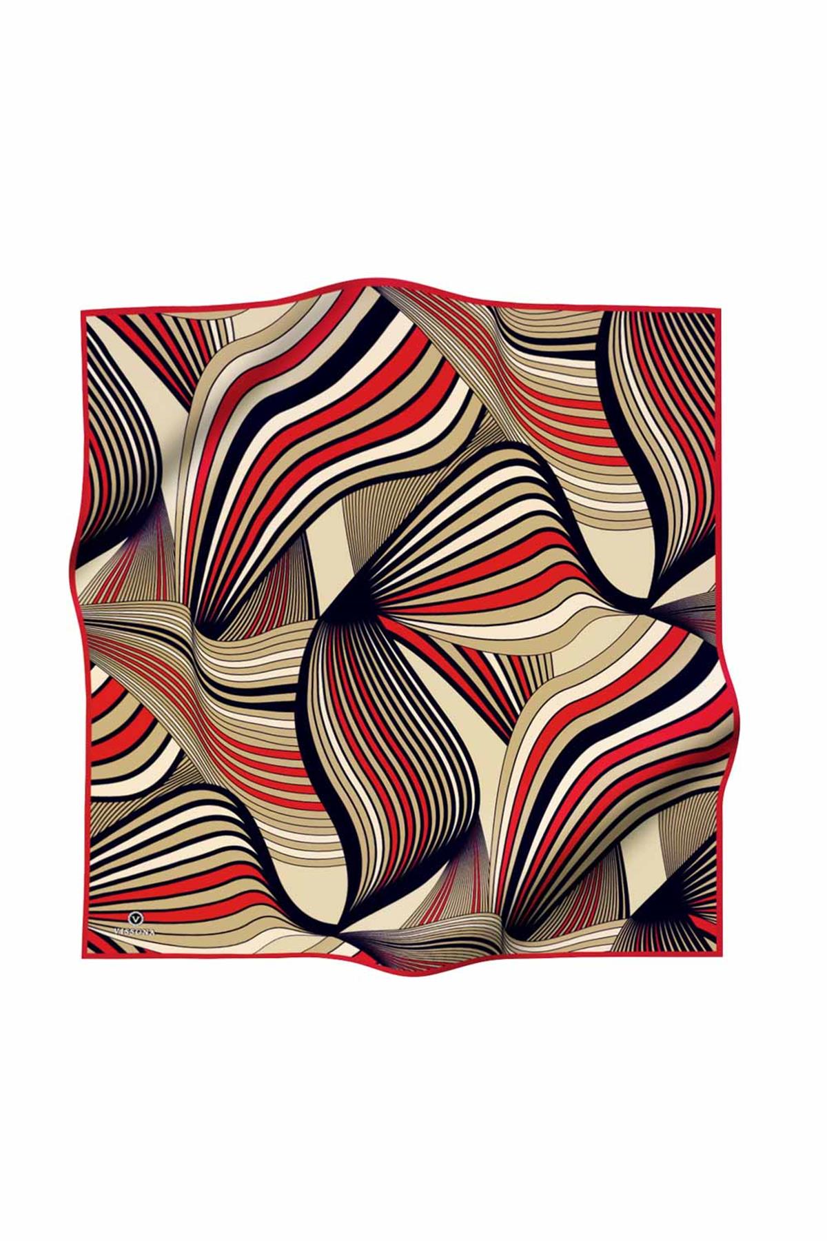 %100 Twill İpek Okyanus Dalgası Desenli Bej - Kırmızı Renkli 90x90 Eşarp Kenar Dikiş Şekli El Dikişli