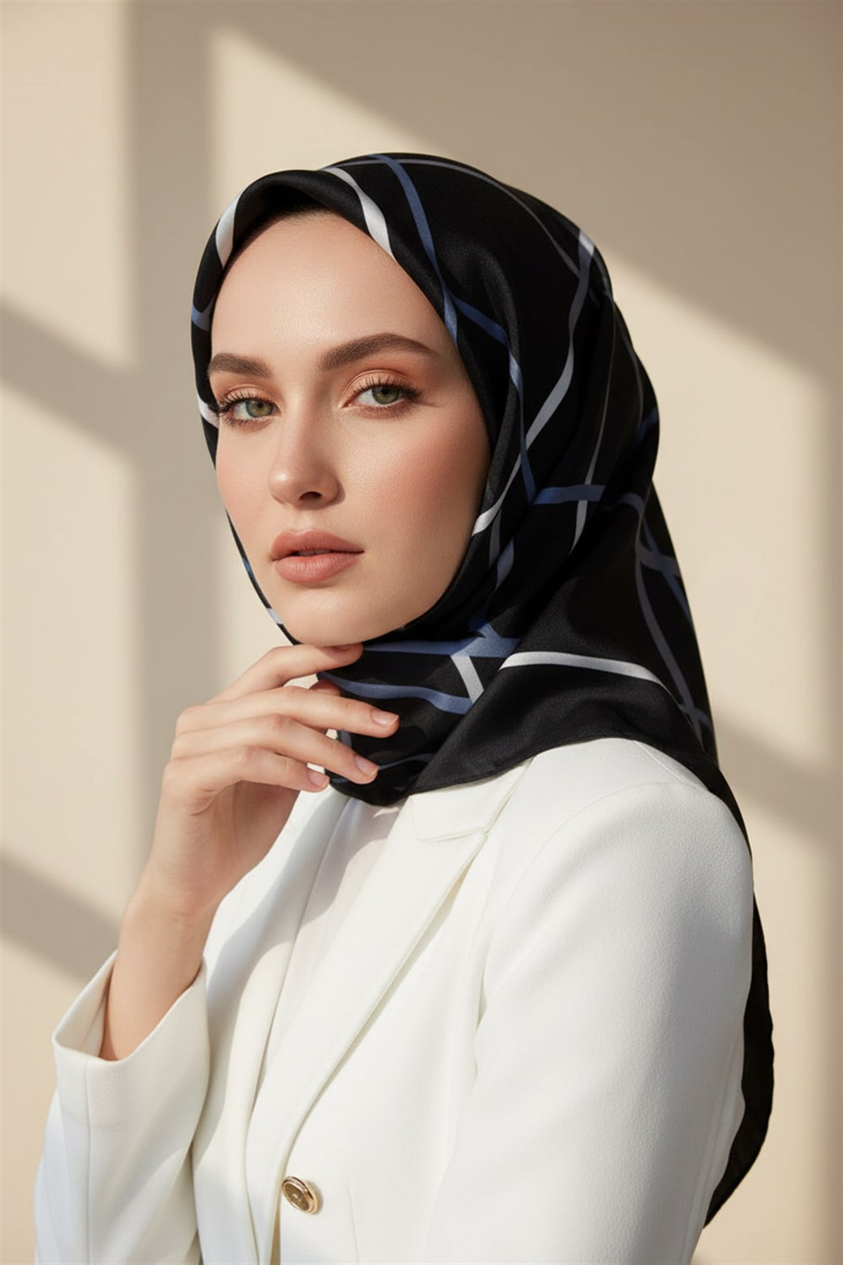 %57 İPEK %43 VİSKON Twill İpek Çizgili Desenli Siyah - İndigo Renkli 90x90 Eşarp Dikim Şekli : El Dikişi