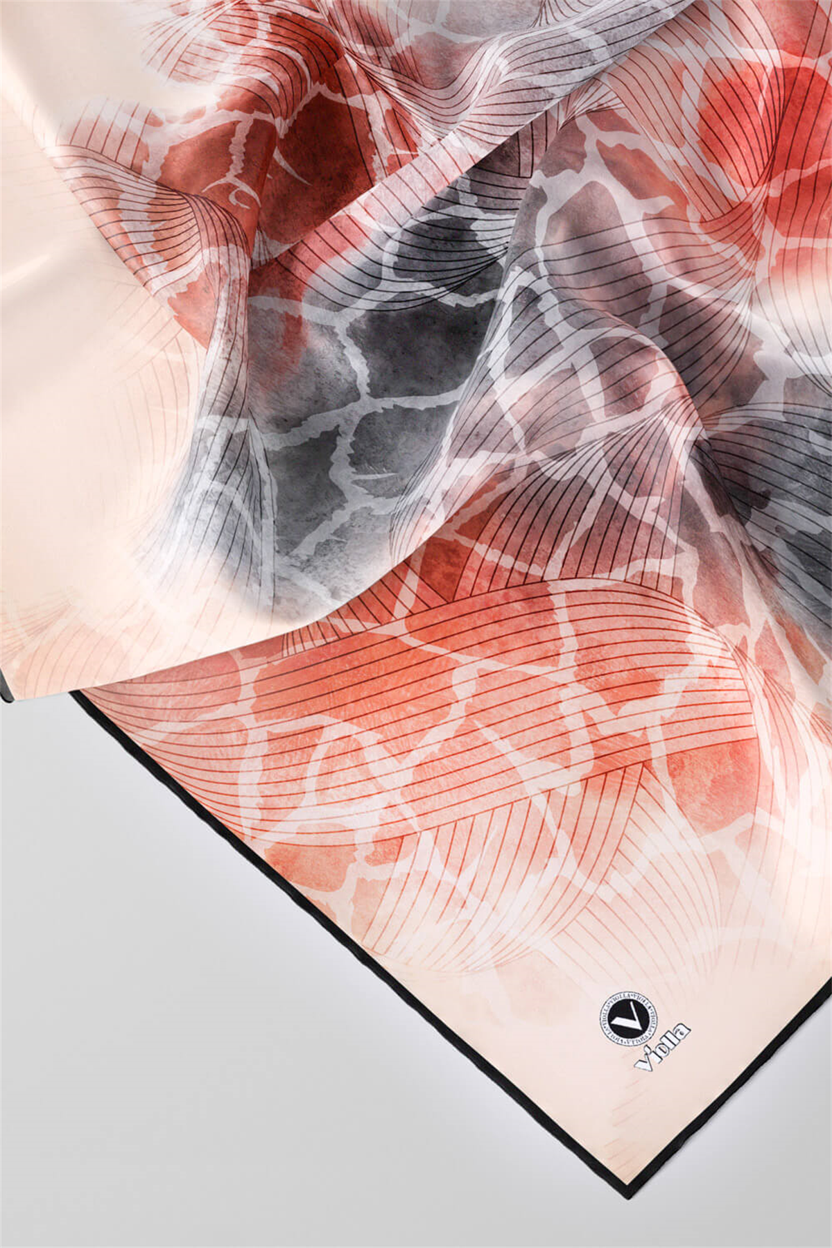Twill Degradeli Ve Zürafa Desenli Gri Renkli 90x90 Eşarp (İpek İçermez) Kenar Dikiş Şekli El Dikişli