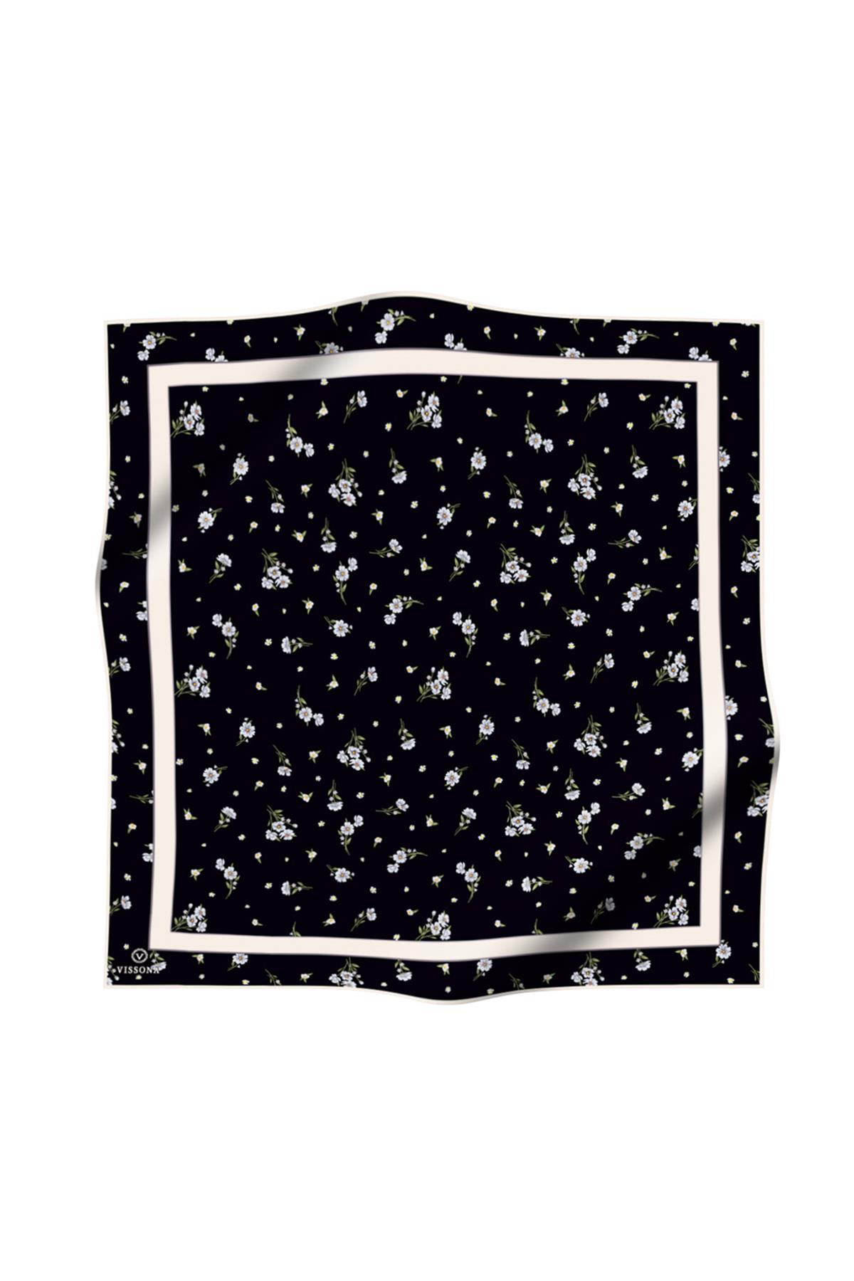 100% Twill İpek Bordürlü Çıtır Çiçek Desenli Siyah - Gri Renkli 90x90 Dikim Şekli : El Dikişi Eşarp