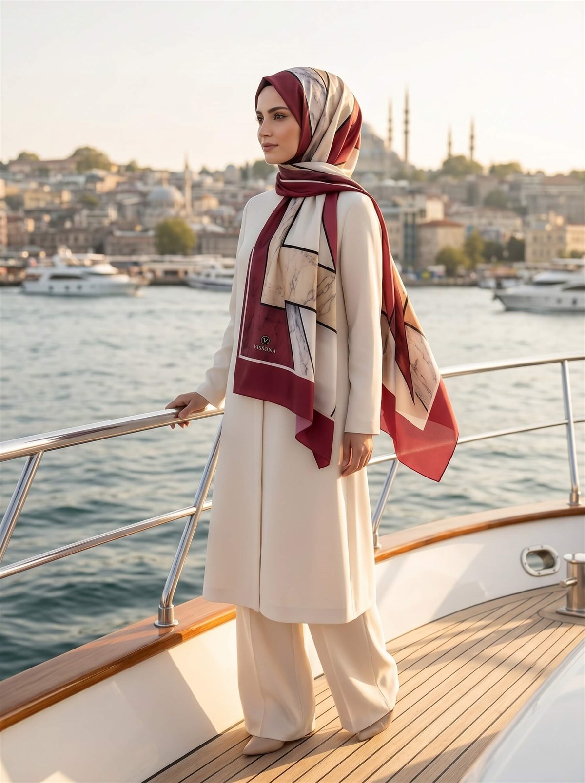 100% İPEK MERMER DESENLİ BORDO - BEJ RENKLİ ŞAL