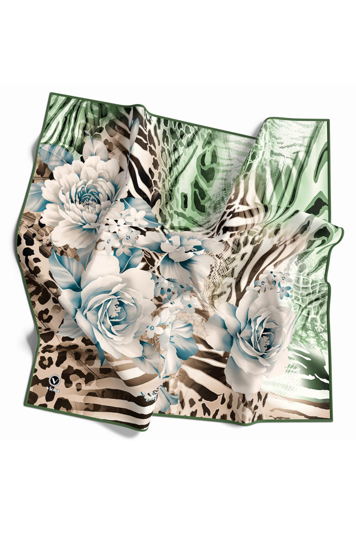 Twill Renkli Şerit Desenli Mint Yeşili - Bej Renkli 90x90 Eşarp (İpek İçermez) Kenar Dikiş Şekli El Dikişli