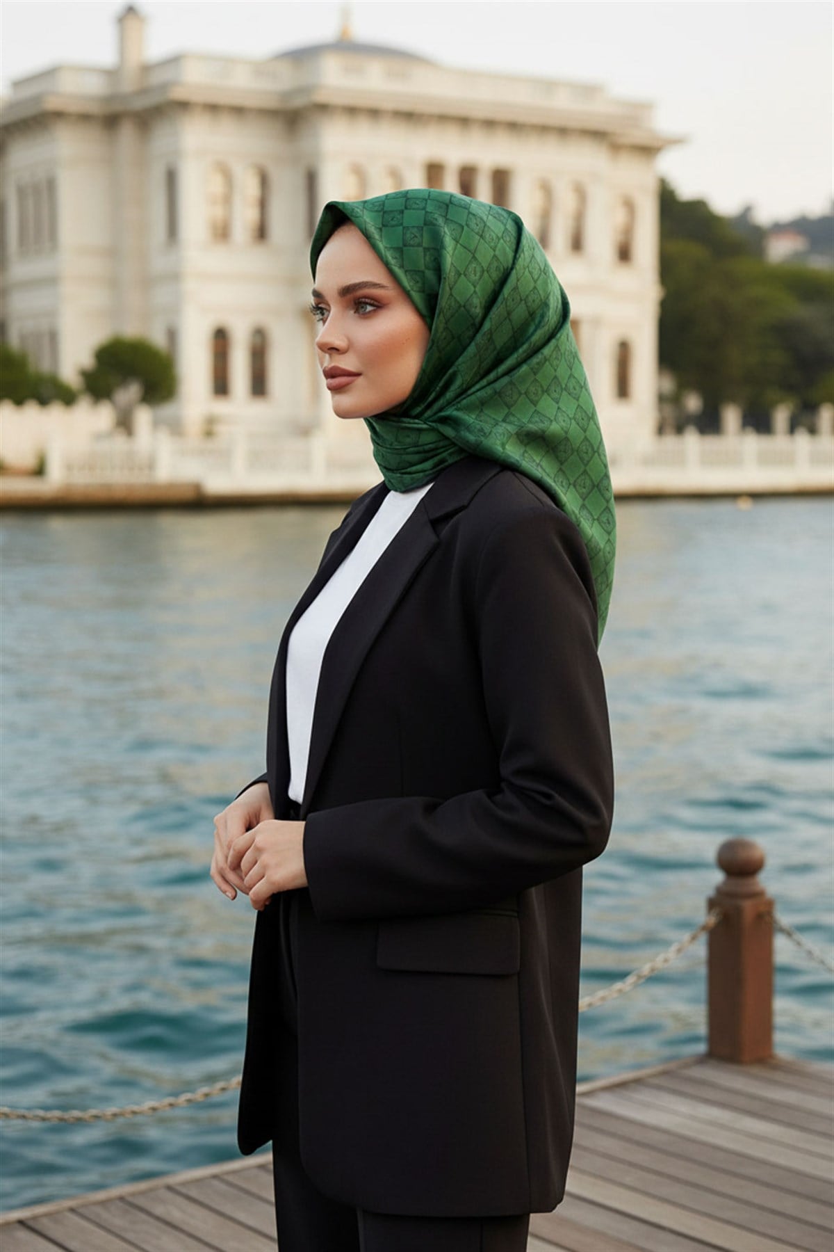 %100 Twill İpek Monogram Desenli Zümrüt Yeşili Renkli 90x90 Eşarp Dikim Şekli : El Dikişi