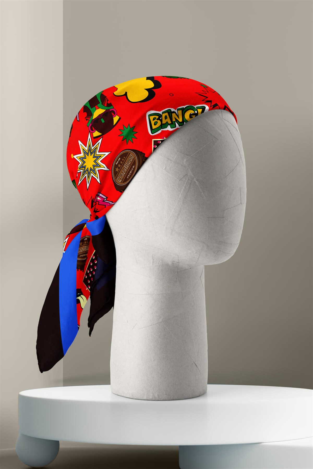 Violla Kadın Kırmızı Mavi   Cover Desenli 50x50 Bandana - DG0998