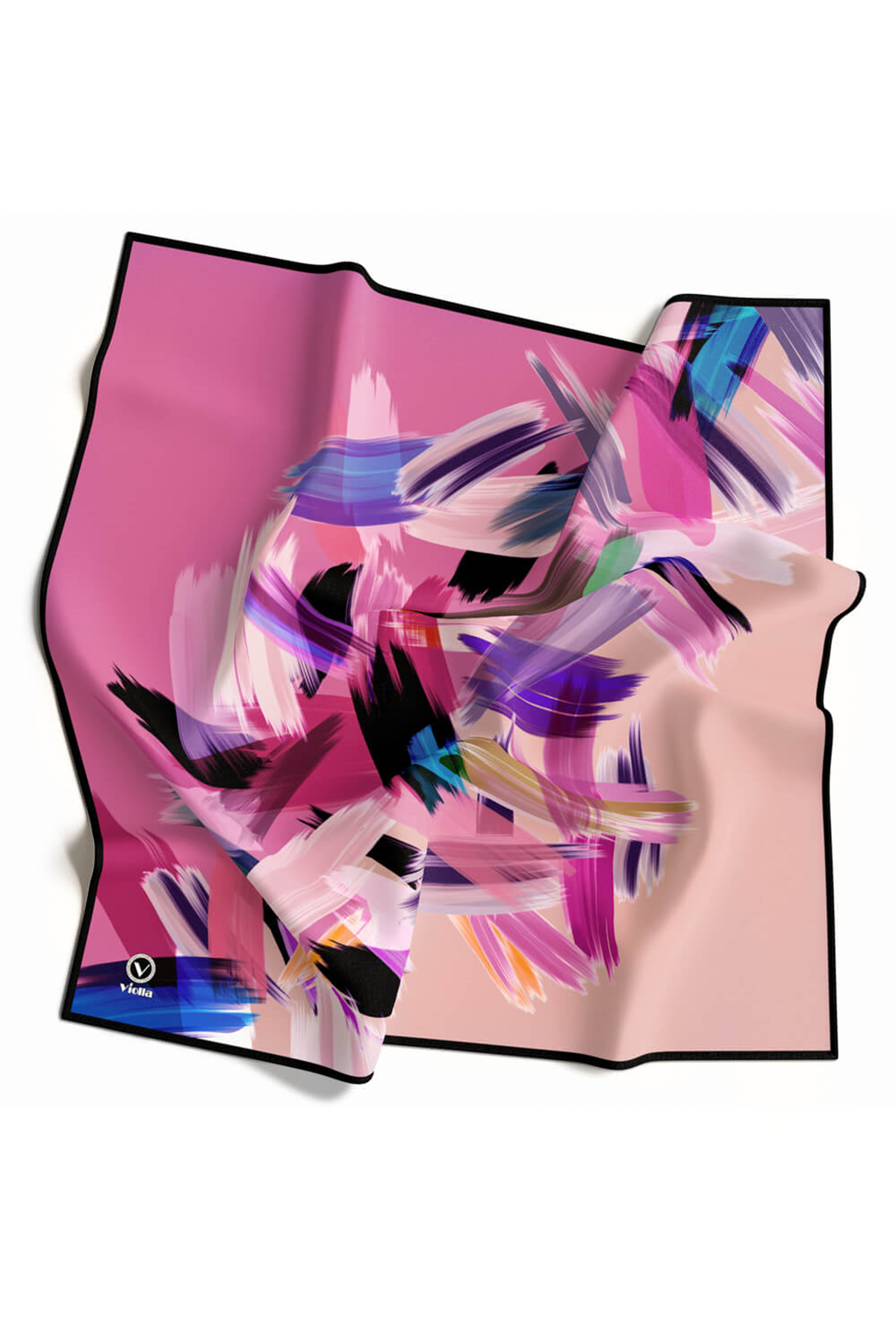 Twill Fırça Desenli Pembe Renkli 90x90 Eşarp (İpek İçermez) Kenar Dikiş Şekli El Dikişli
