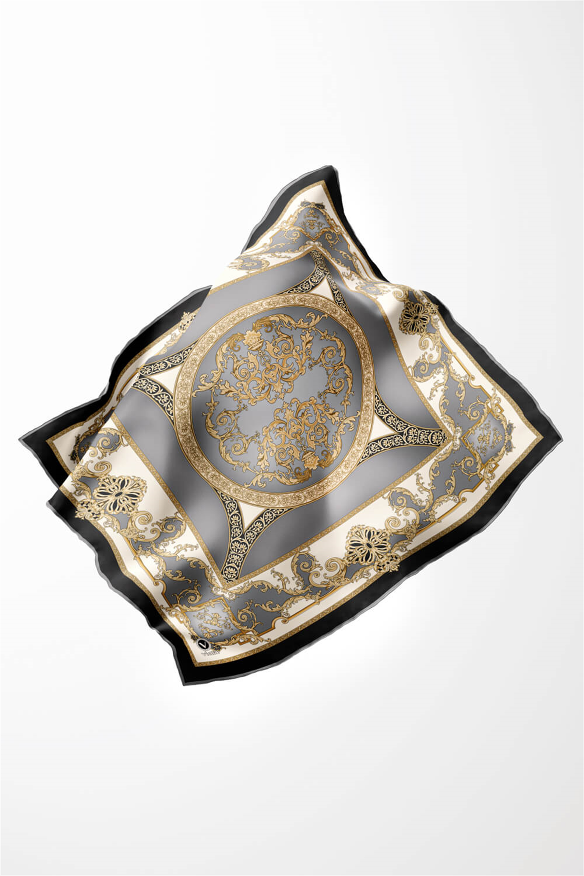 Twill Barok Desenli Gri Renkli 90x90 Eşarp (İpek İçermez) Kenar Dikiş Şekli El Dikişli