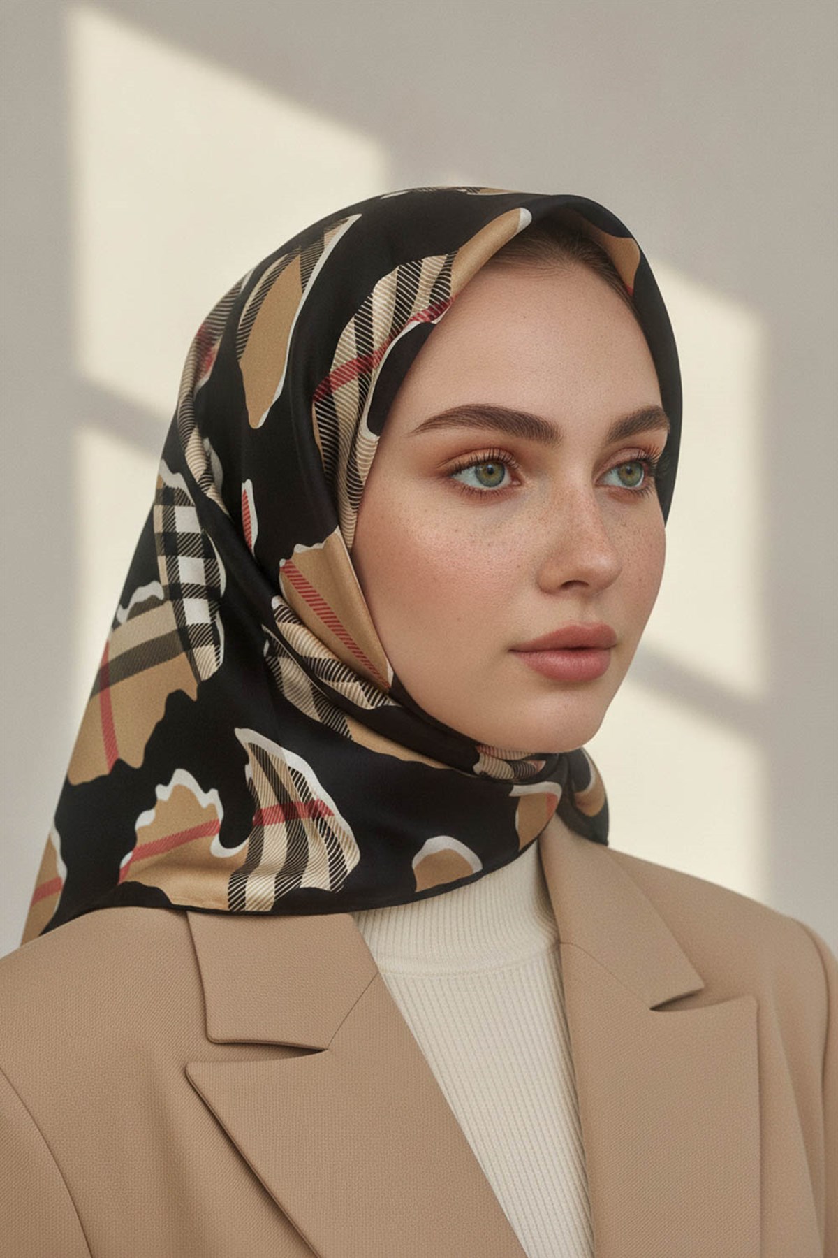 %100 Twill İpek Leopar Desenli Siyah - Bej Renkli 90x90 Eşarp Dikim Şekli : El Dikişi