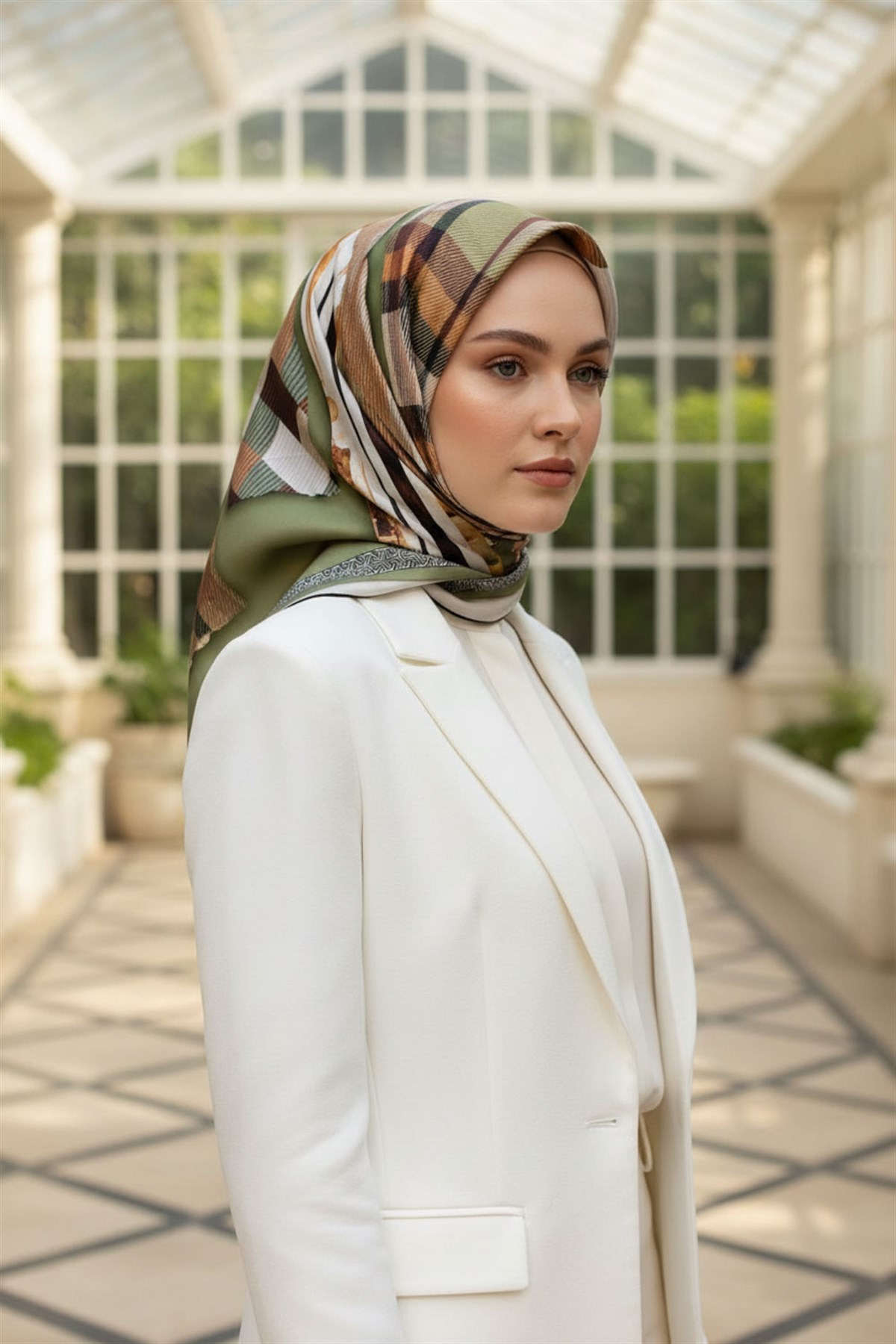 %100 Twill İpek Ekose Desenli Haki - Bakır Renkli 90x90 Eşarp Dikim Şekli : El Dikişi