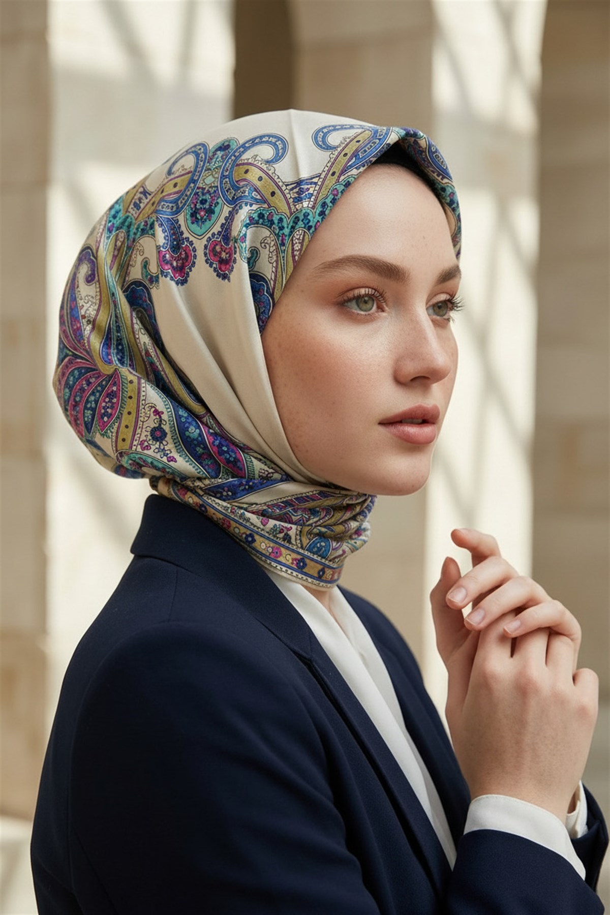 %100 Twill İpek Şal Desenli Krem - Saks Renkli 90x90 Eşarp Dikim Şekli : El Dikişi