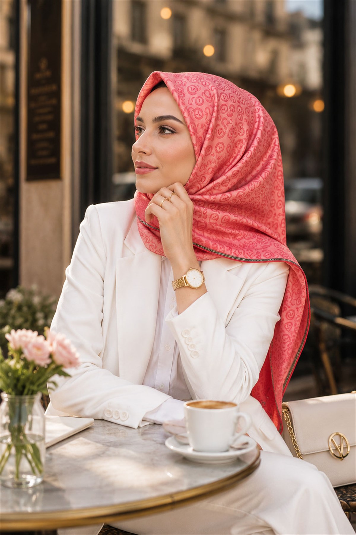 % 57 İPEK % 43 VİSKON Twill İpek Monogram Desenli Pudra Renkli 90x90 Eşarp Dikim Şekli : El Dikişi