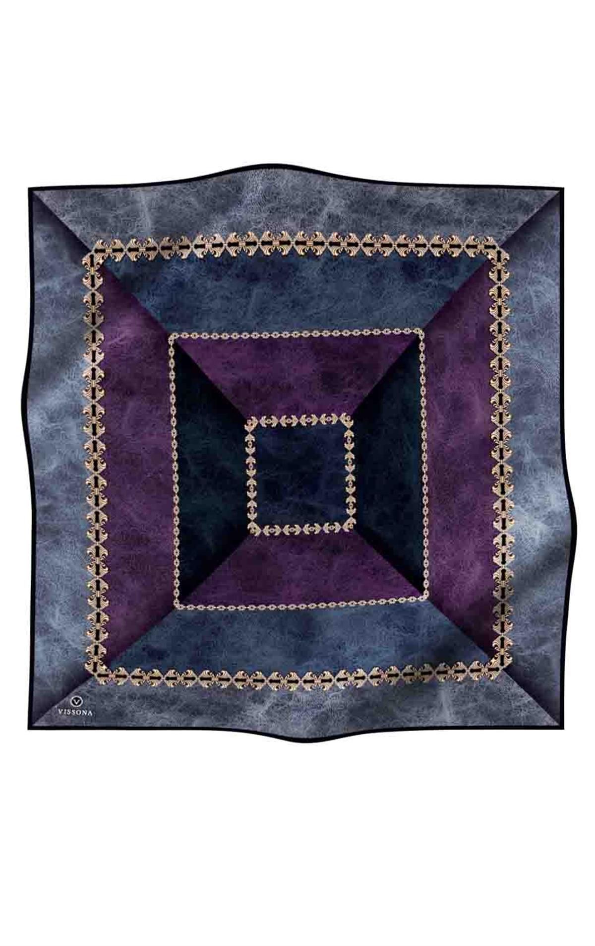 %100 Twill İpek Geometrik Desenli İndigo - Mürdüm Renkli 90x90 Eşarp Dikim Şekli : El Dikişi