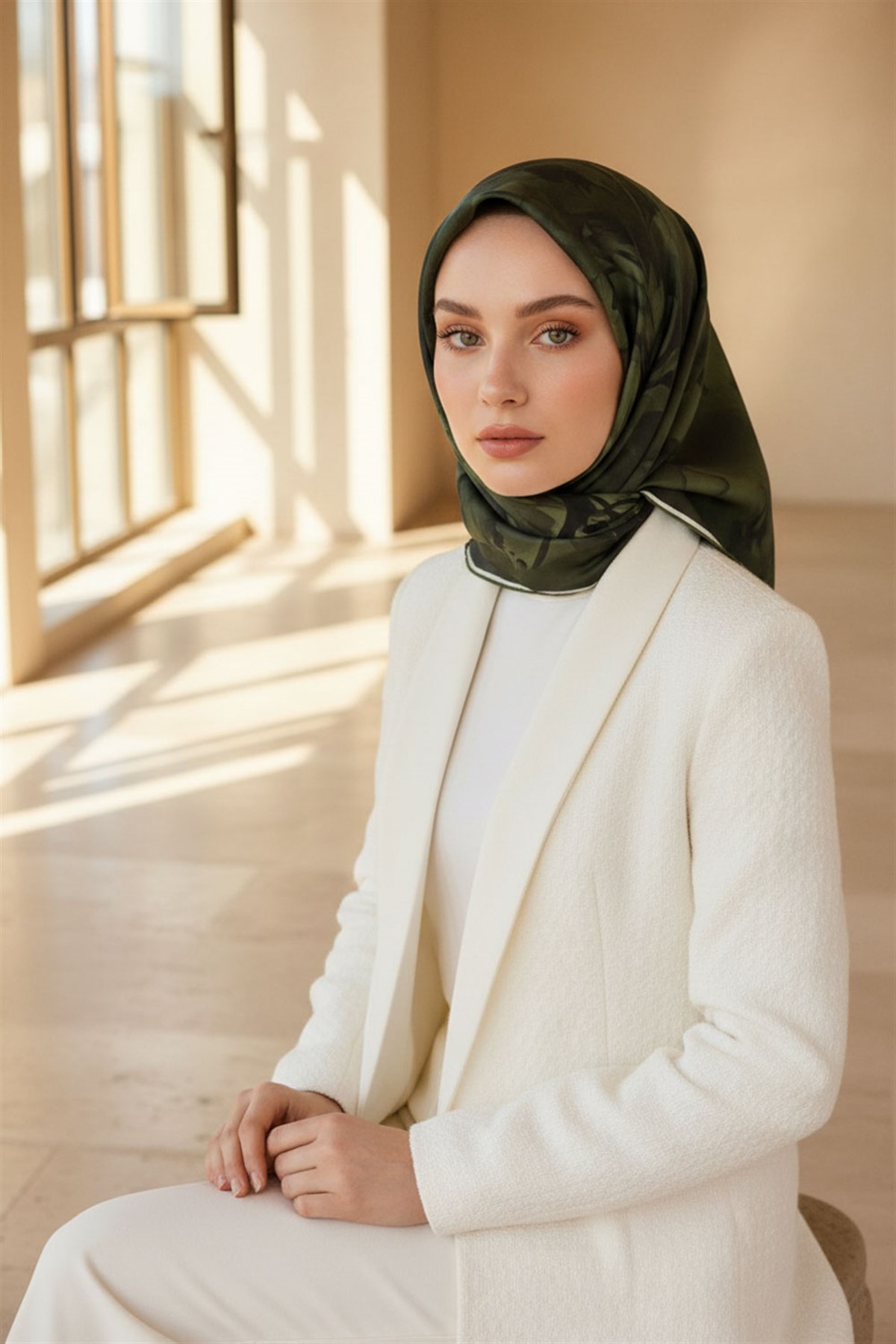 100% Twill İpek Çiçek Desenli Haki Renkli 90x90 Dikim Şekli : El Dikişi Eşarp