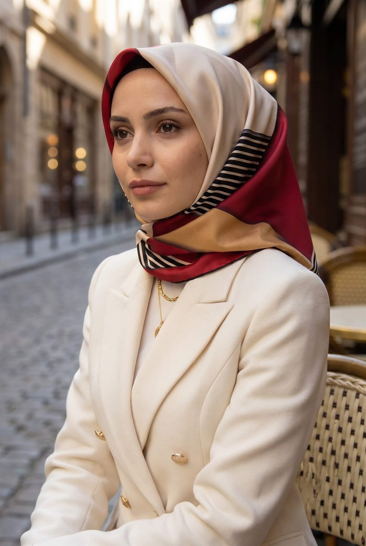 %100 Twill İpek Çizgili ve Geometrik Desenli Bordo - Vizon Renkli 90x90 Eşarp Dikim Şekli : El Dikişi