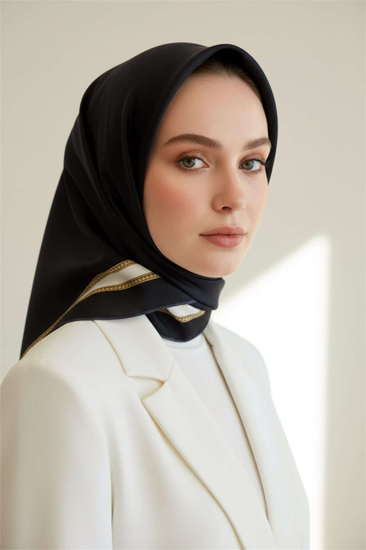 % 57 İPEK % 43 VİSKON Twill İpek Dokulu Şerit Desenli Siyah - Kremi Renkli 90x90 Eşarp Dikim Şekli : El Dikişi