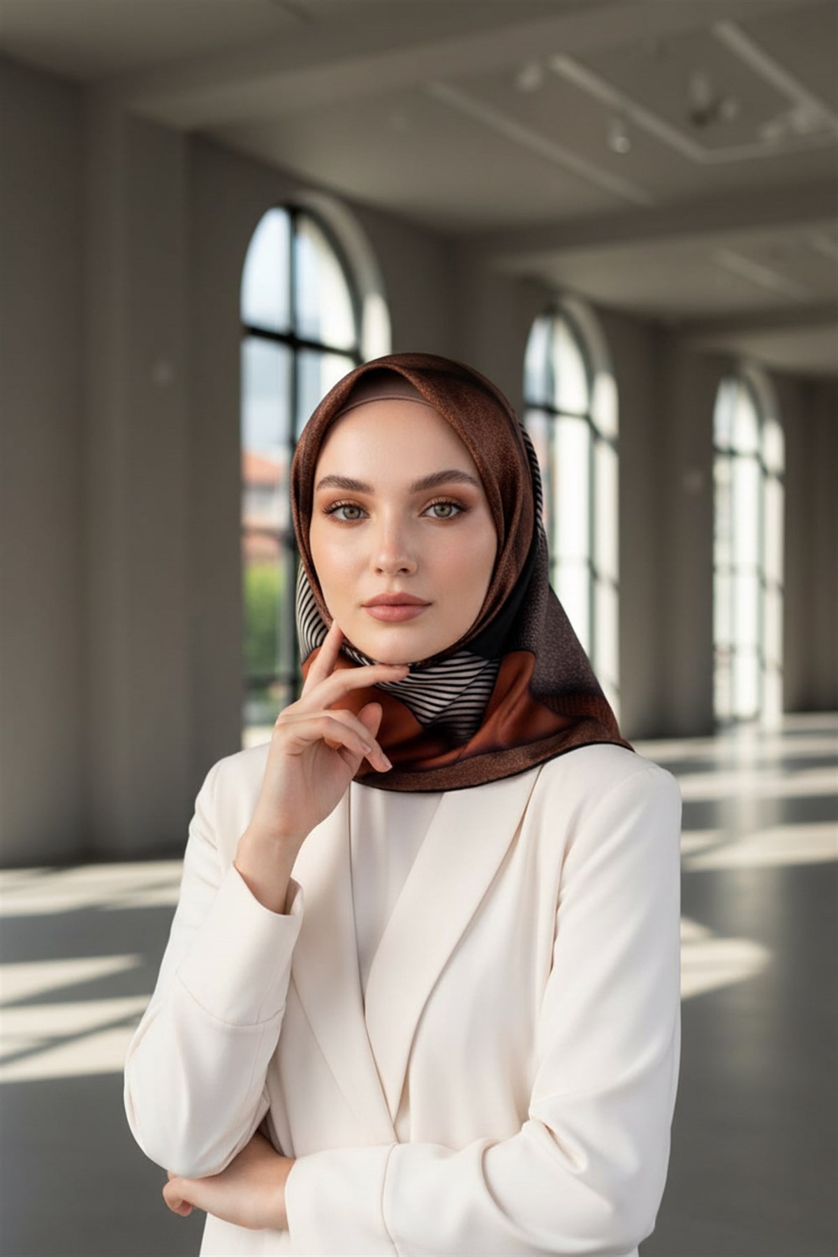 %100 Twill İpek Dokulu ve Geometrik Desenli Taba - Siyah Renkli 90x90 Eşarp Dikim Şekli : El Dikişi