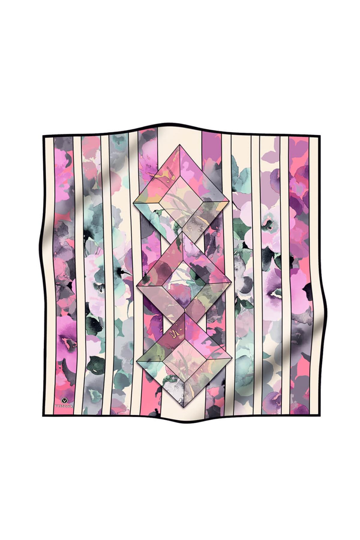 %100 Twill İpek Bahar Çiçekleri Desenli Lila - Su Yeşili Renkli 90x90 Eşarp Kenar Dikiş Şekli El Dikişli