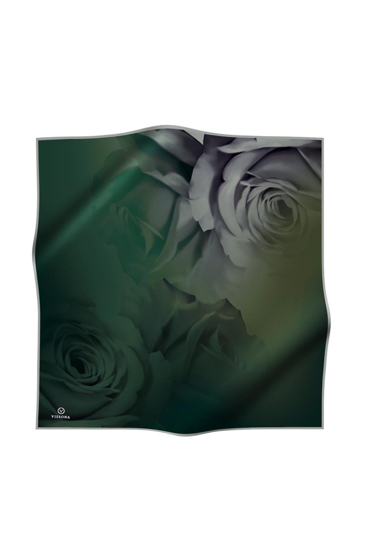 %100 Twill İpek Gül Desenli Haki - Zümrüt Yeşili Renkli 90x90 Eşarp Dikim Şekli : El Dikişi