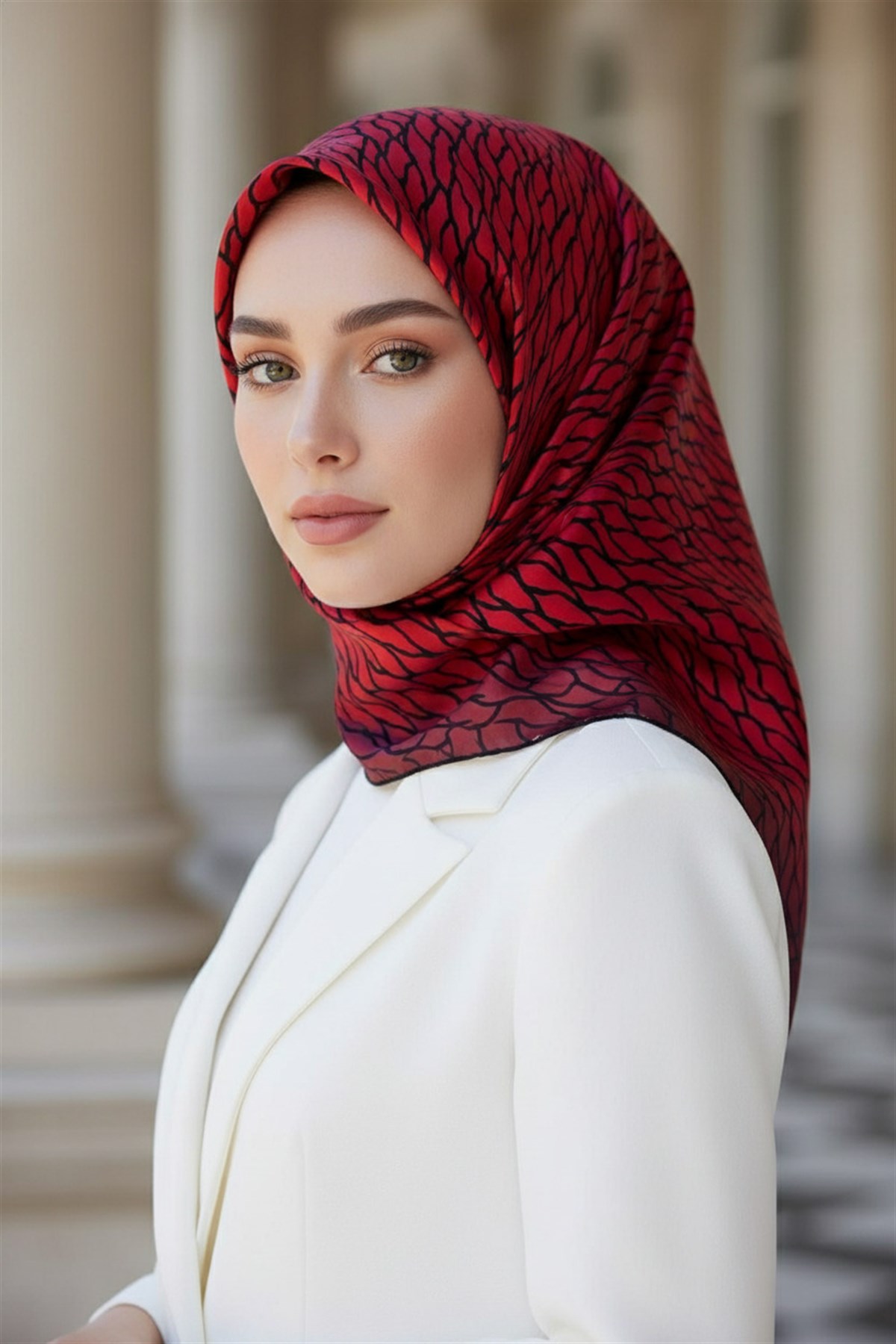 %100 Twill İpek File Desenli Kırmızı - Siyah Renkli 90x90 Eşarp Dikim Şekli : El Dikişi