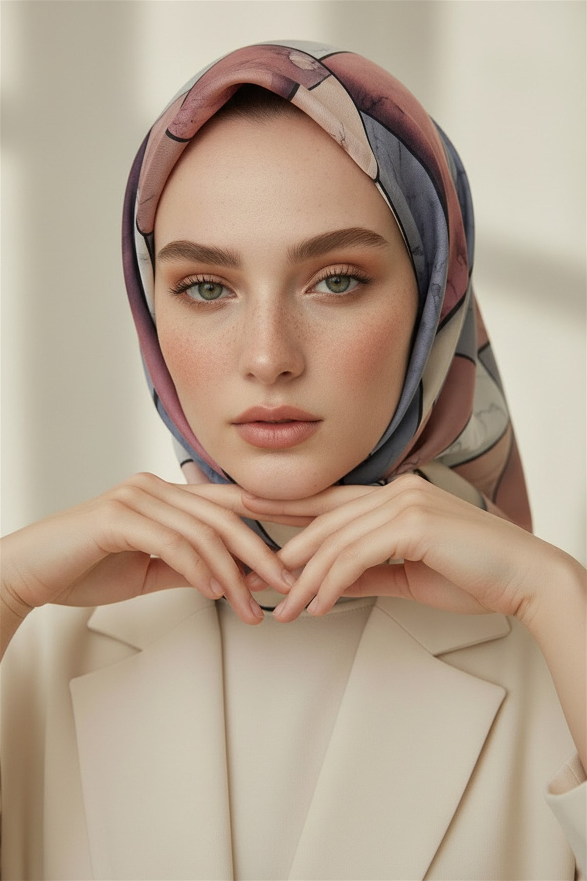 %100 Twill İpek Mermer Desenli Pudra - Bebe Mavisi Renkli 90x90 Eşarp Dikim Şekli : El Dikişi