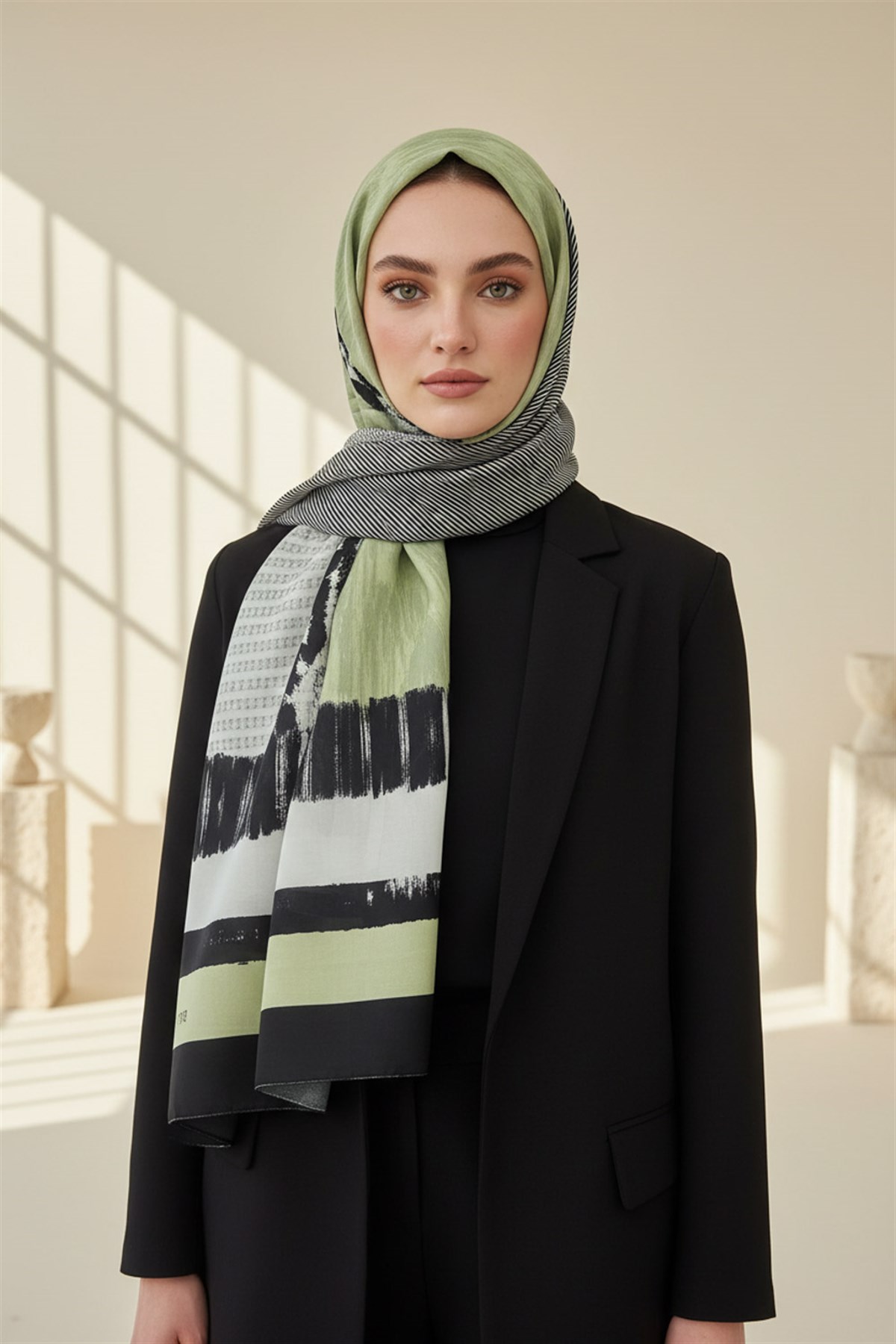 %100 Saf İpek Şal İnce Saten Vual Dokuma Patchwork Desenli Siyah - Fıstık Yeşili Renkli 90x210 Şal