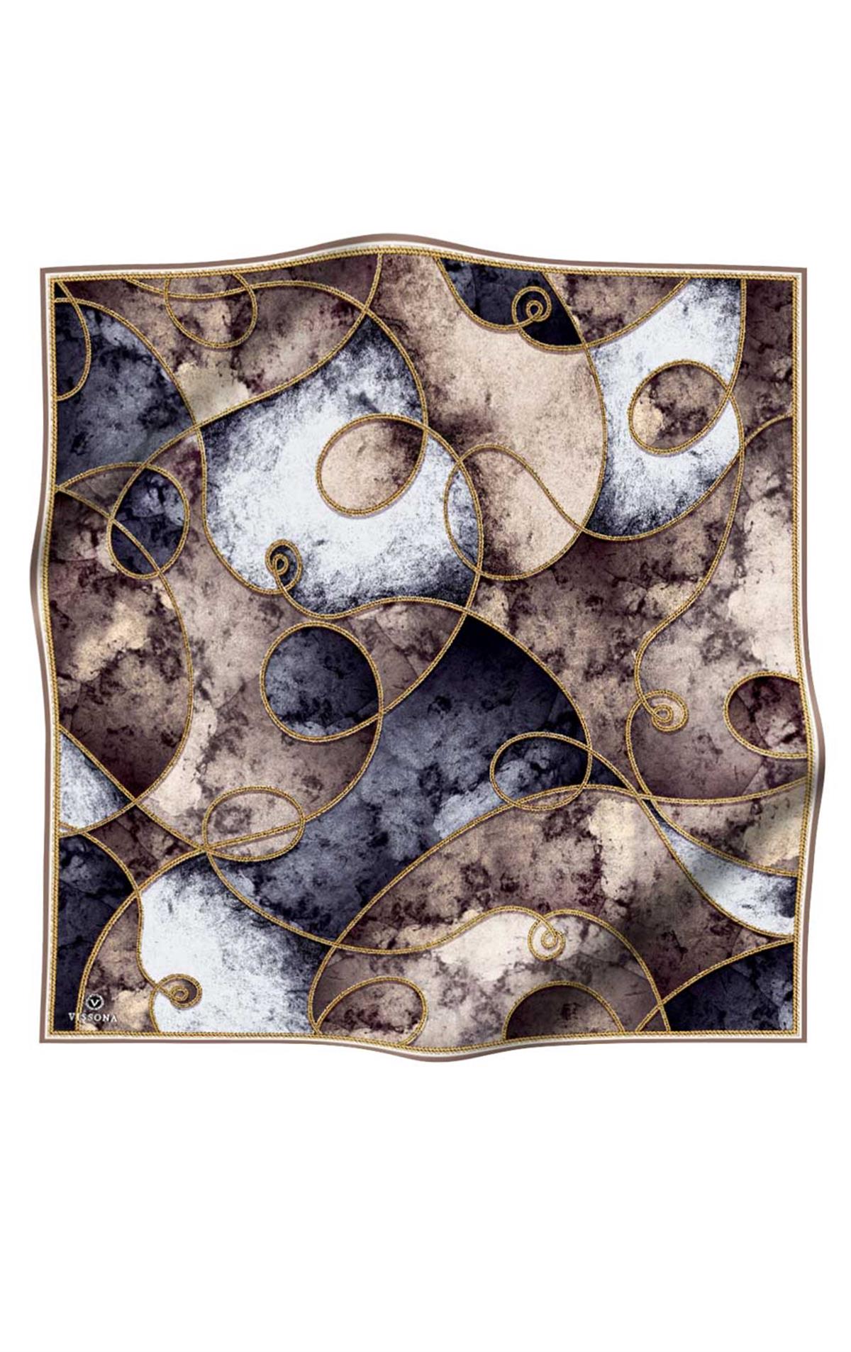 %100 Twill İpek Zincirli Mermer Desenli Bej - Gri Renkli 90x90 Eşarp Dikim Şekli : El Dikişi