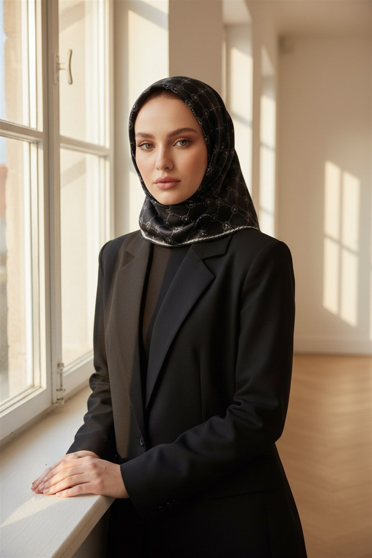 %100 Twill İpek Monogram Desenli Siyah - Krem Renkli 90x90 Eşarp Dikim Şekli : El Dikişi
