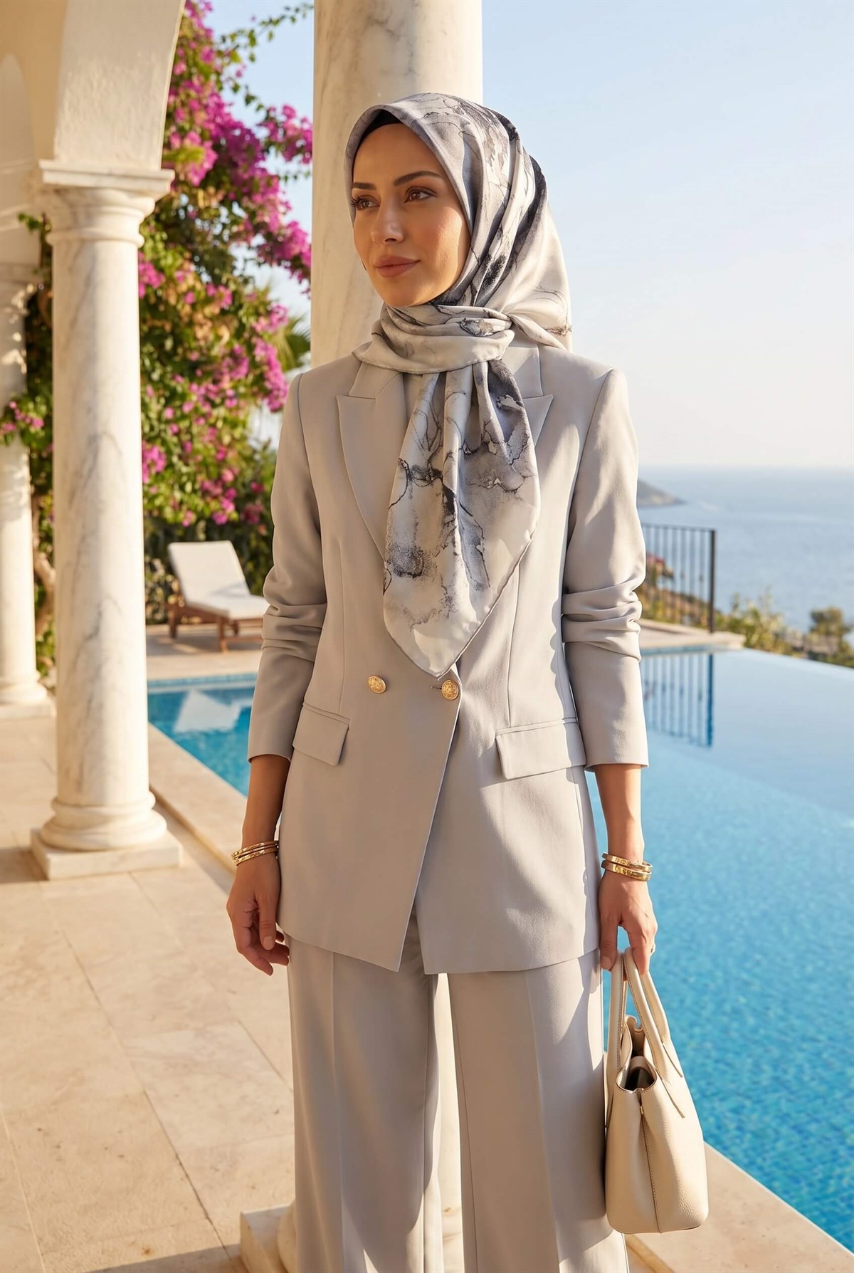 %100 Twill İpek Duman Desenli Bej - Gri Renkli 90x90 Eşarp Dikim Şekli : El Dikişi