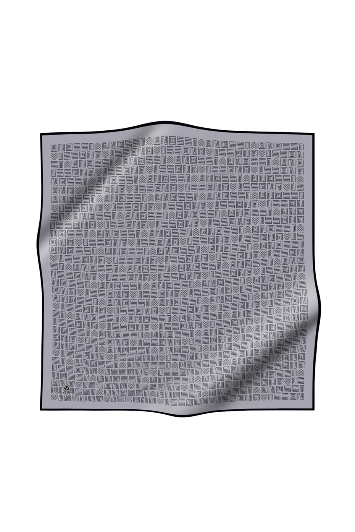 %57 İPEK %43 VİSKON Twill İpek Etnik Motif Desenli Gri - Siyah Renkli 90x90 Eşarp Dikim Şekli : El Dikişi